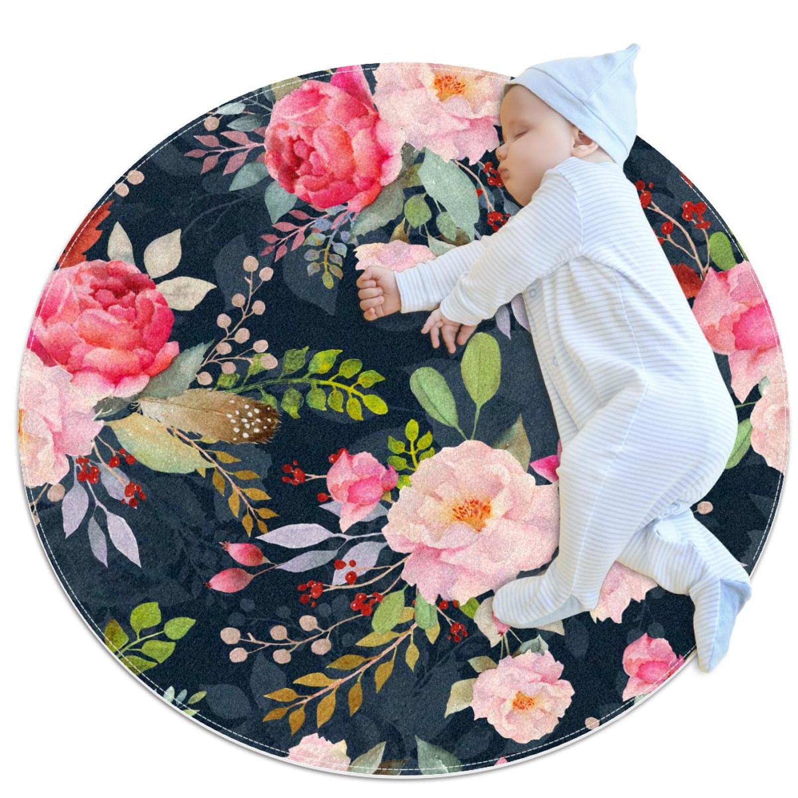Tapis roses en fleurs rond pour une ambiance buanderie et salon cosy JDEZ