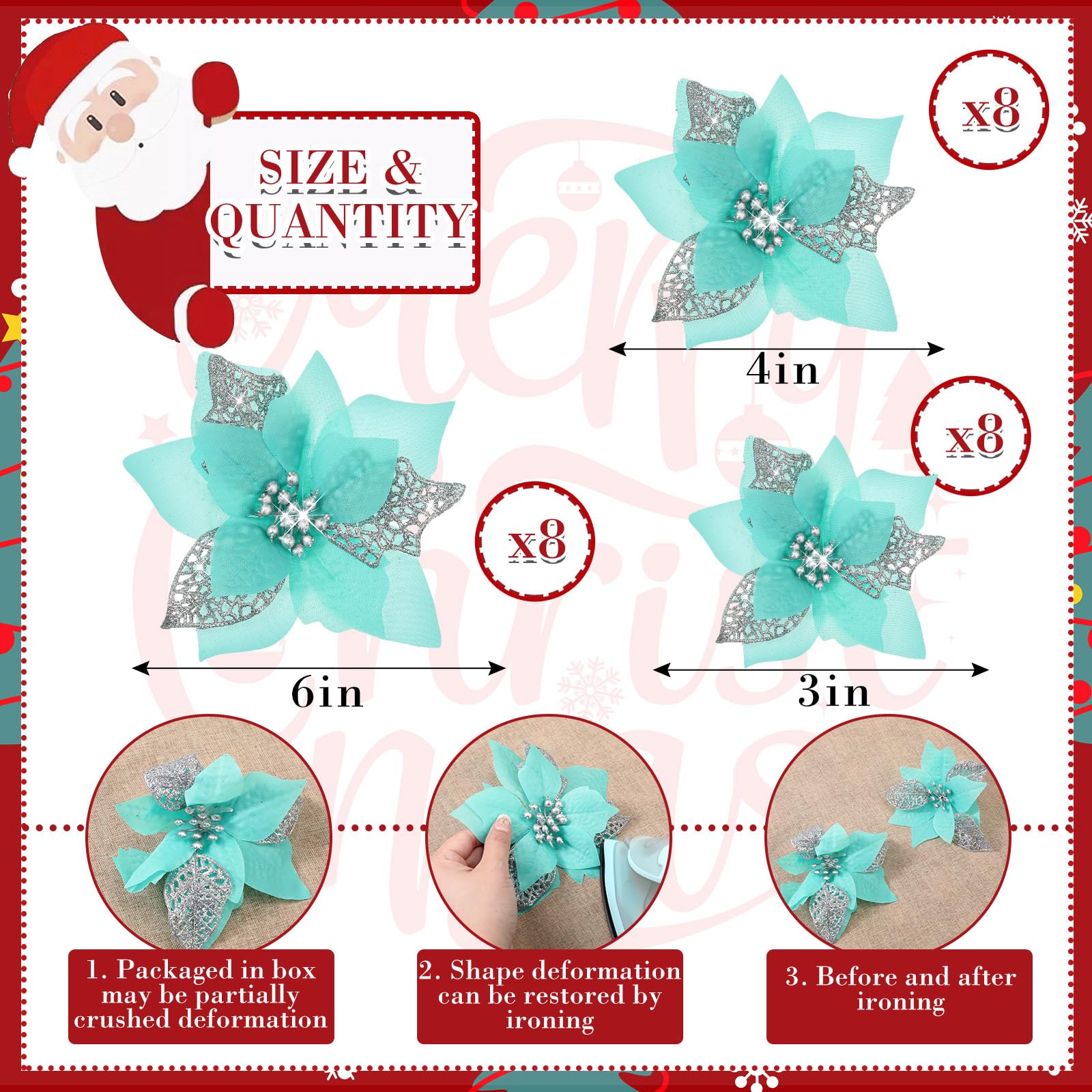 Boao 24 Pieces Christmas Artificial Glitter Poinsettia Flowers Xmas Flowers Wedding Christmas Tree New Year Ornaments(Blue Green) - Image 2