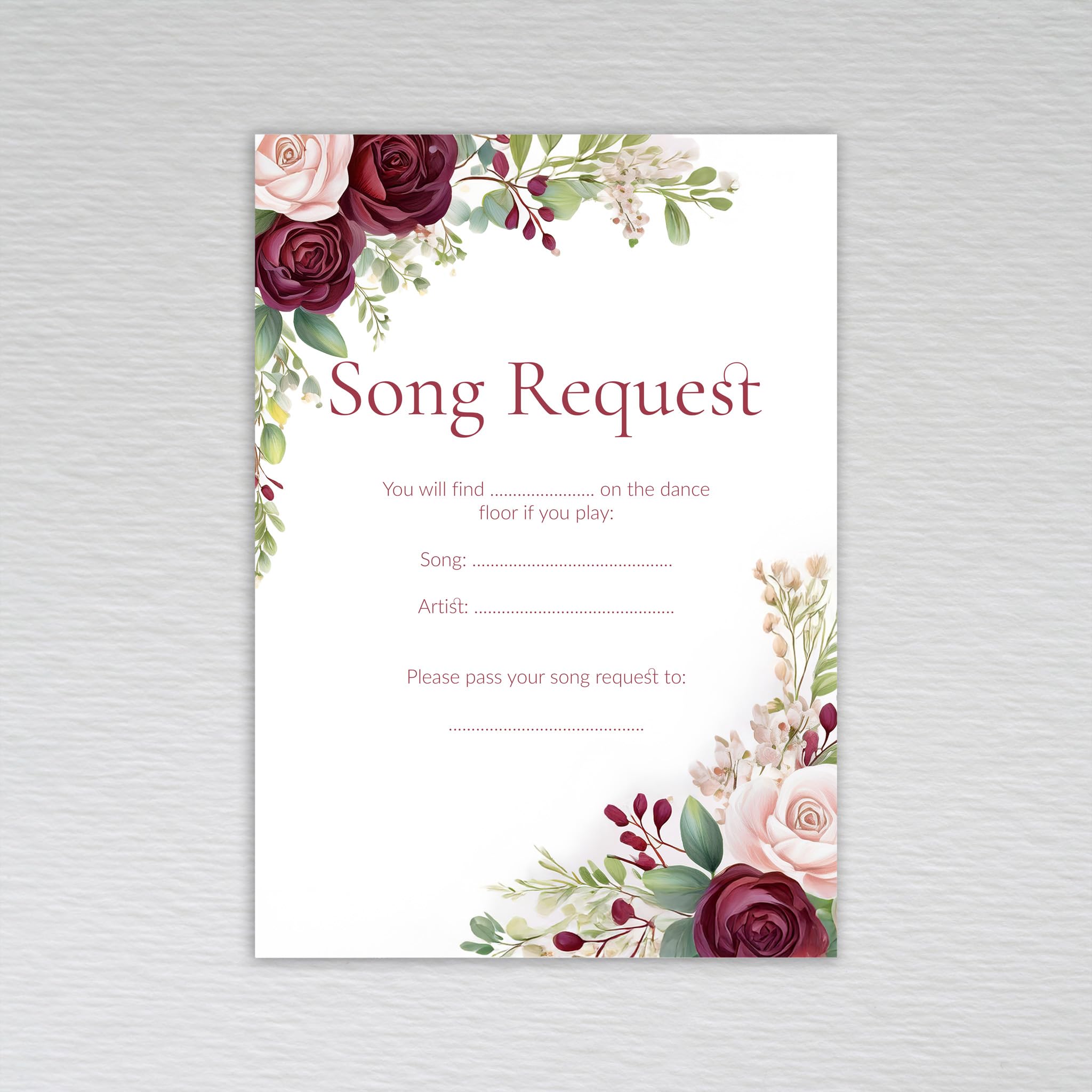 Webspectations Burgundy Song Request Cards โ Elegant Floral Rose & Eucalyptus Design with Burgundy & Maroon Tones, Wedding Table Favours (Pack of 20 without Envelopes) โ image 1