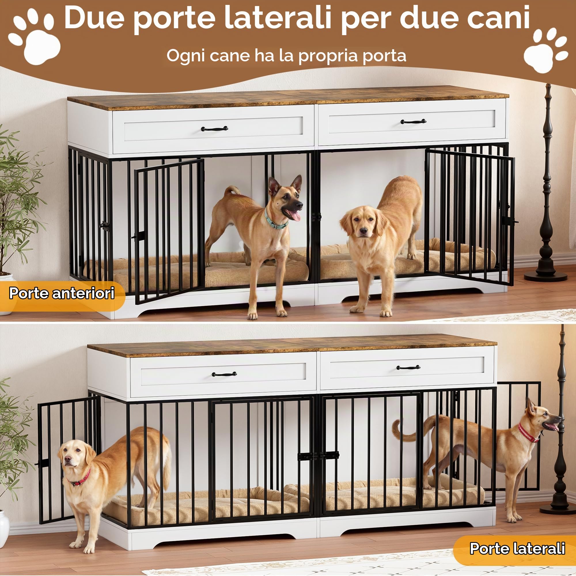 Gabbia per Cani Kennel, Casetta per Cani da Interno, 178CM Gabbietta per Animali in Legno e Metallo, XXL Cuccia Robusta per Dog con Divisorio & 2 Cassetti,Casetta per Animali,4 Porte,Fino a 100KG