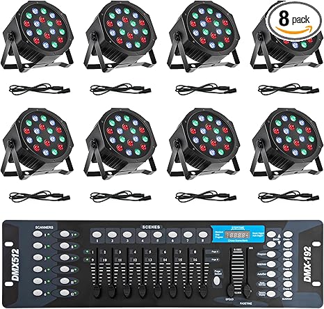 Stage Lights with Sound Activated & DMX Control, 8 Pack 18x3 W LED Par Lights, Versatile DJ Light for Stage Uplighting, Wedding, Party Events, Clubs,Music Shows & Holiday Decorations