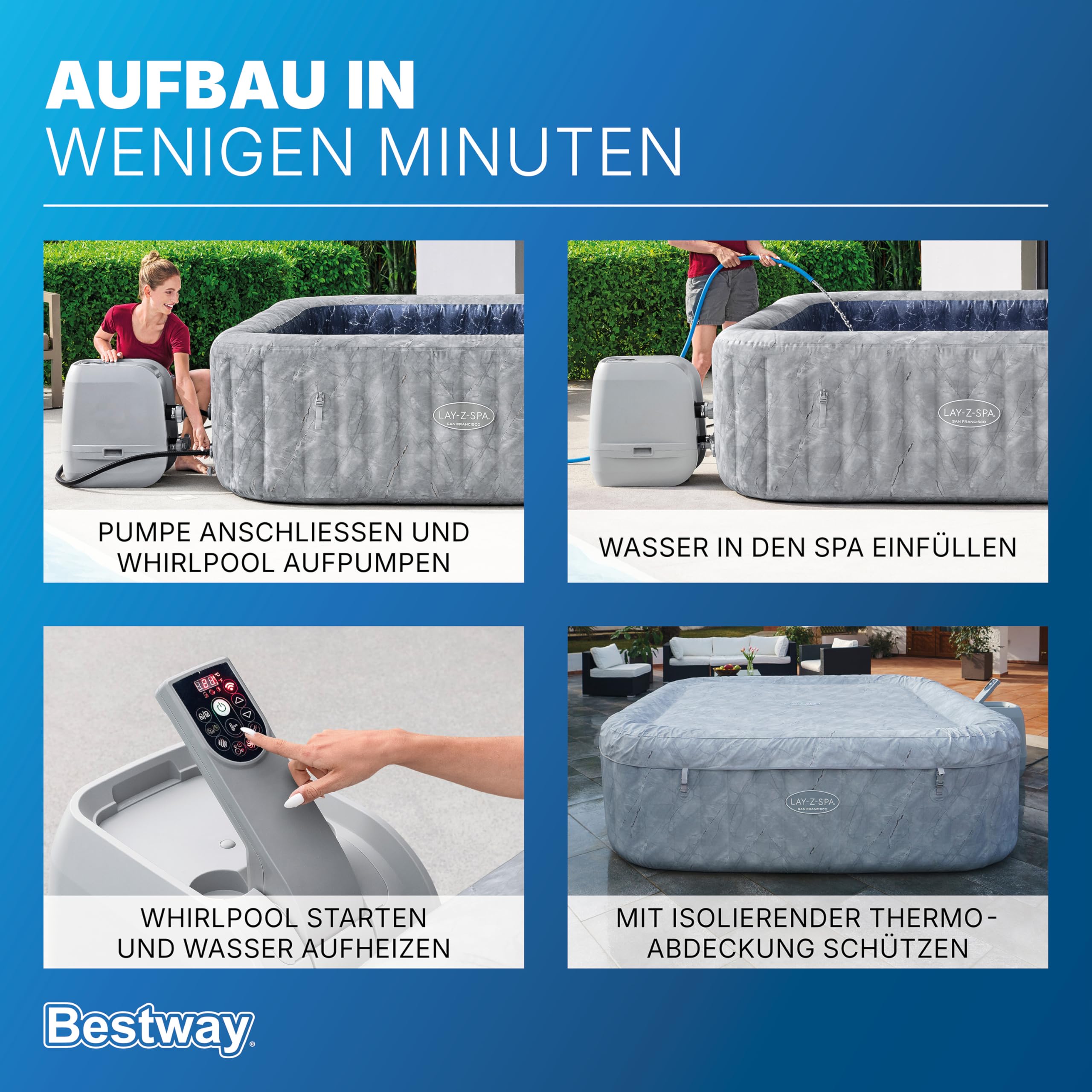Bestway® Lay-Z-SPA® Energiespar-Whirlpool San Francisco HydroJet Pro™ mit App-Steuerung, für 7 Personen 230 x 230 x 71 cm, Marmor-Optik (Samtgrau)