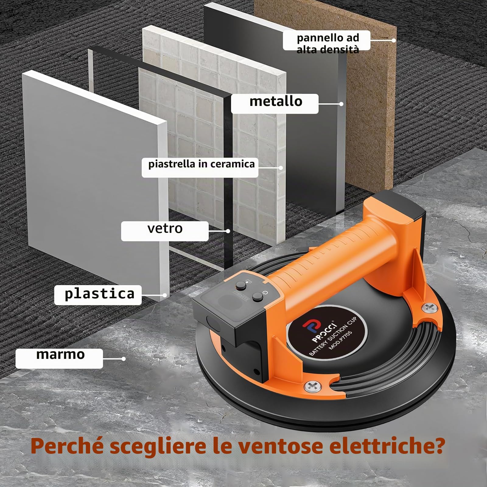 Ventosa a Batteria per Superfici Lisce – 200 KG di Forza di Aspirazione, Display LCD, Batteria 2500 mAh Fino a 7 Ore, Ideale per Piastrelle, Vetro e Marmo