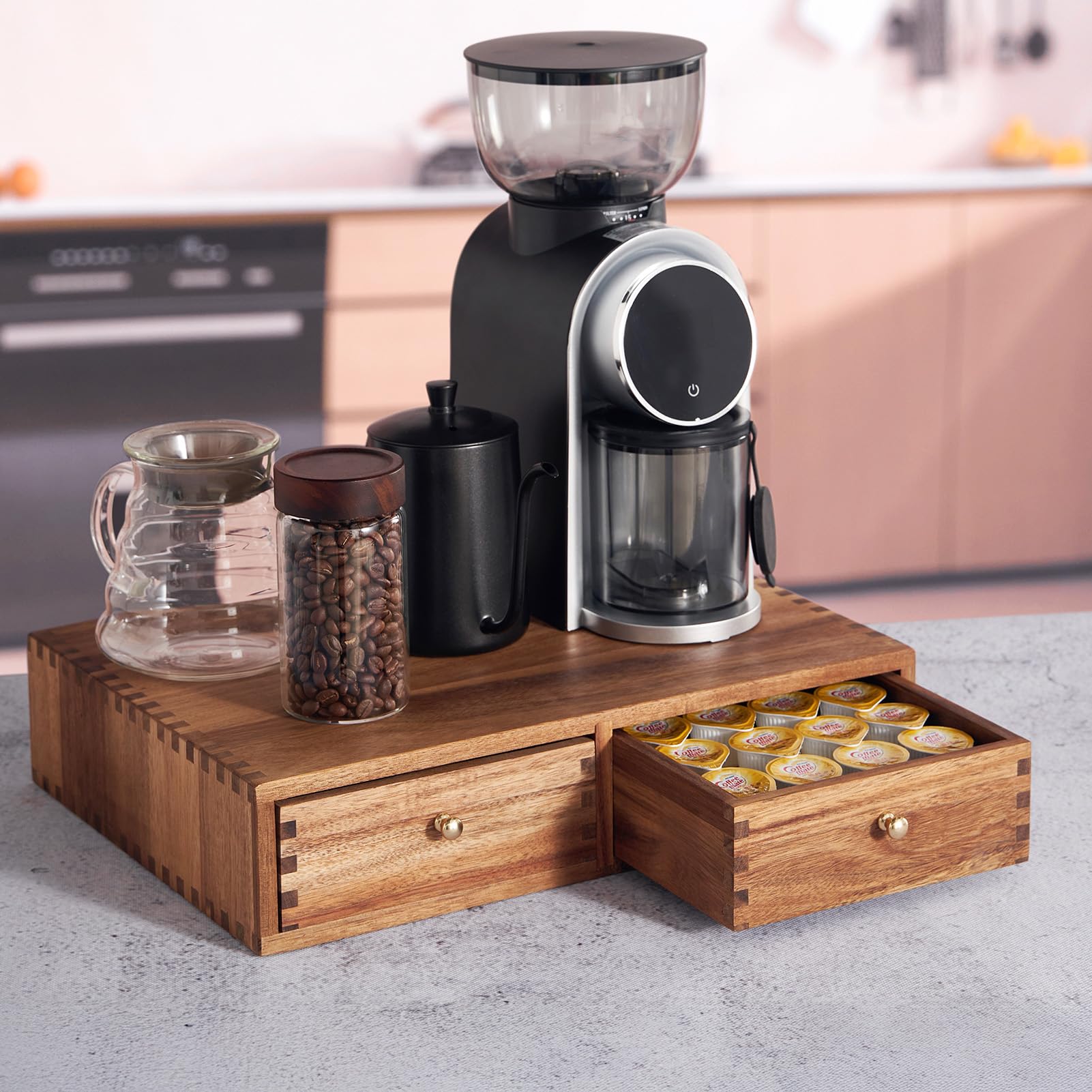 Photo 1 of SARUFO Acacia Wood K Cup Organizer Drawer, Coffee Pod and Tea Storage Box with Non-Slip Pad, 30 Pod Capacity Under Brewer, Countertop Coffee Station Holder for Machine Stand
