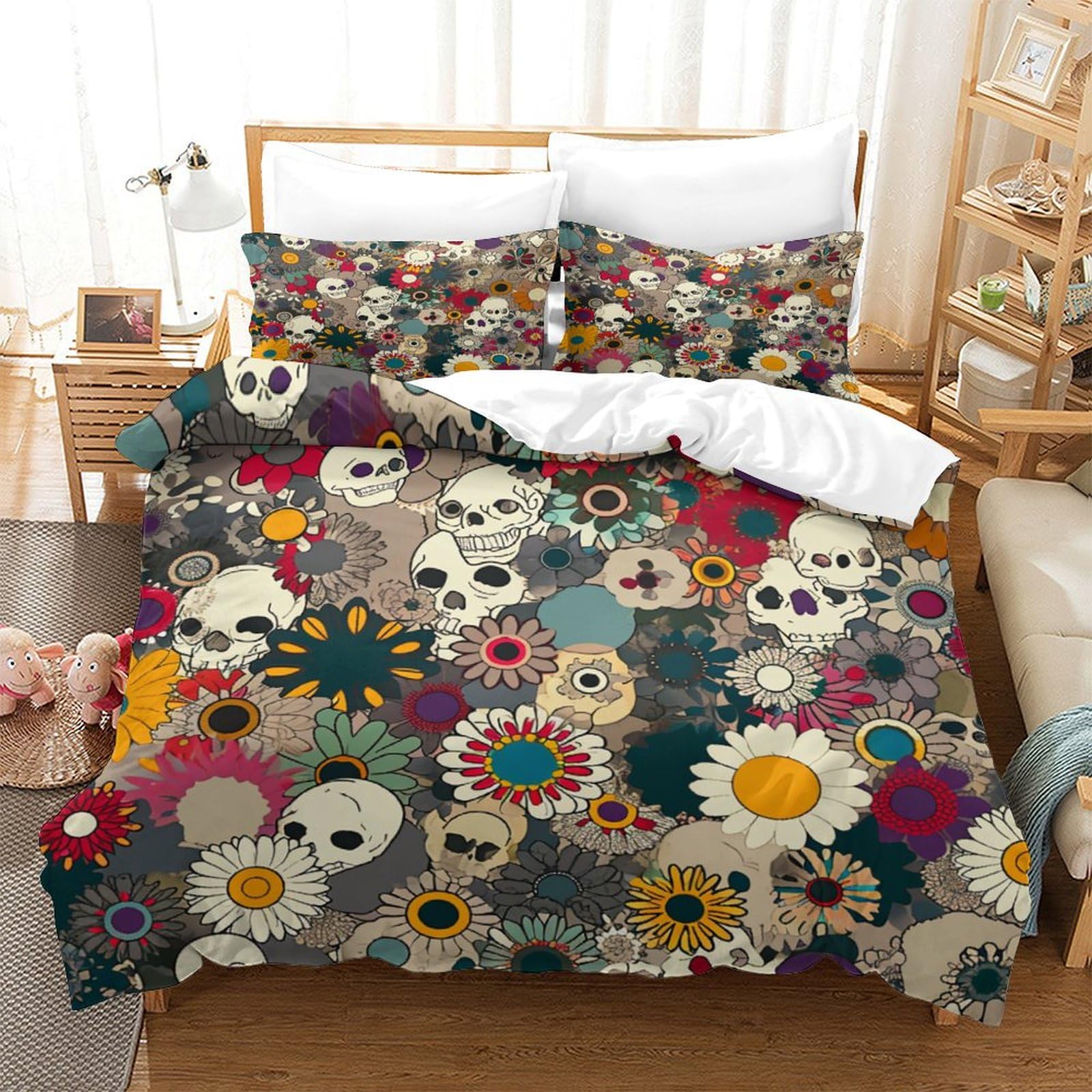 P1S9U7W5Y 3D Printed Floral Skull Duvet Cover Set 3 Pieces Microfiber Bedroom Decor Flower Skull Bedding Set for Adults Teens All Seasons Super king（260x220cm）