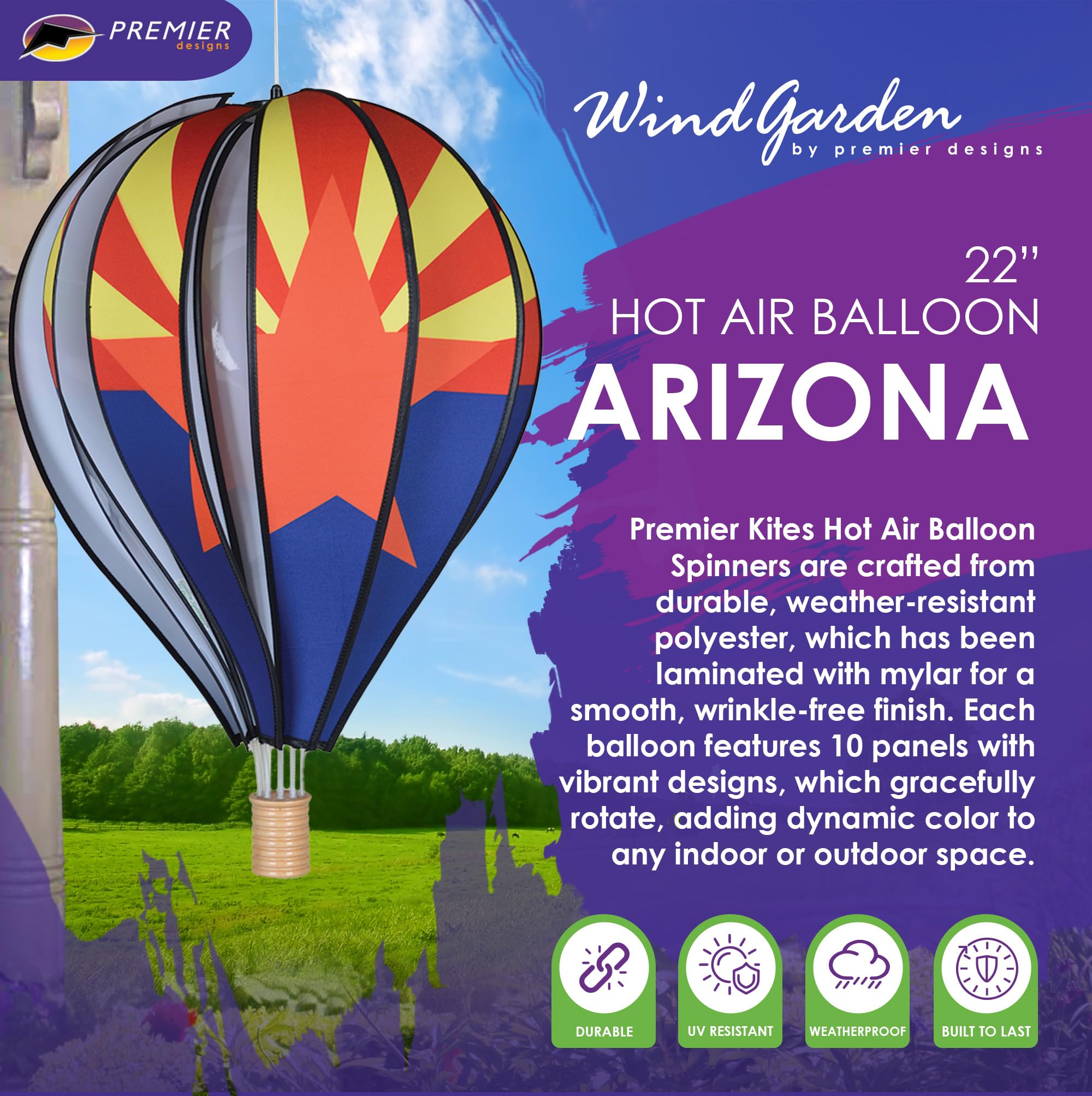 Heißluftballon-Gartenspinner zum Aufhängen, 55,9 cm, lebendiges Arizona-Design, wetterbeständige Outdoor-Dekoration, langlebig und leicht, für Terrassen, Höfe und Gärten, auffälliges Windspiel