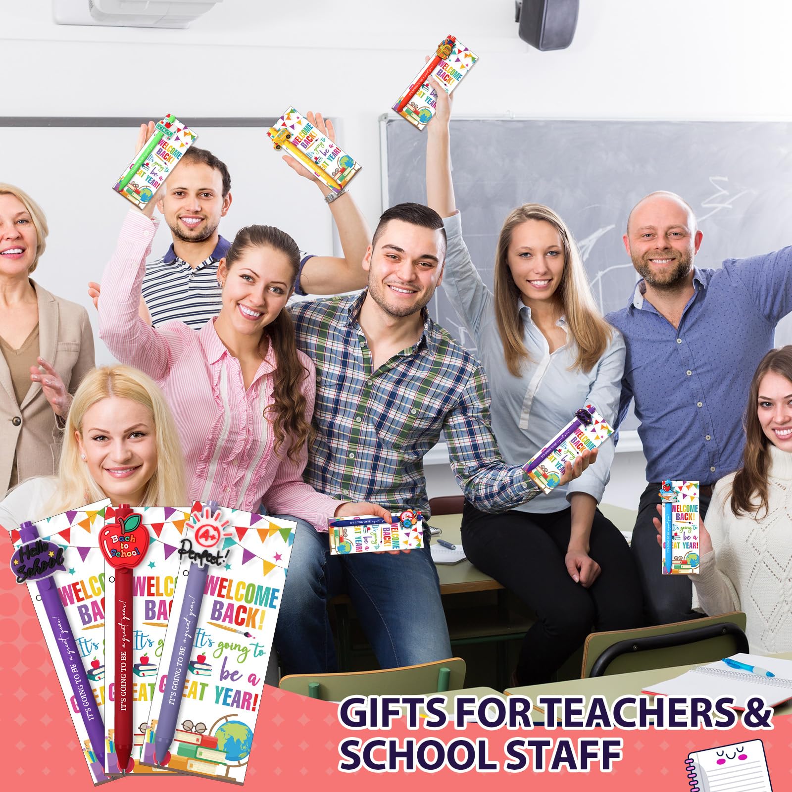 MotiMind 100 Sets Schulanfangsgeschenke, Großpackung zum Schulanfang, Schreibwaren, Geschenke enthalten niedliche Kugelschreiber, inspirierende Grußkarten für Lehrer, Studenten, Klassenzimmer