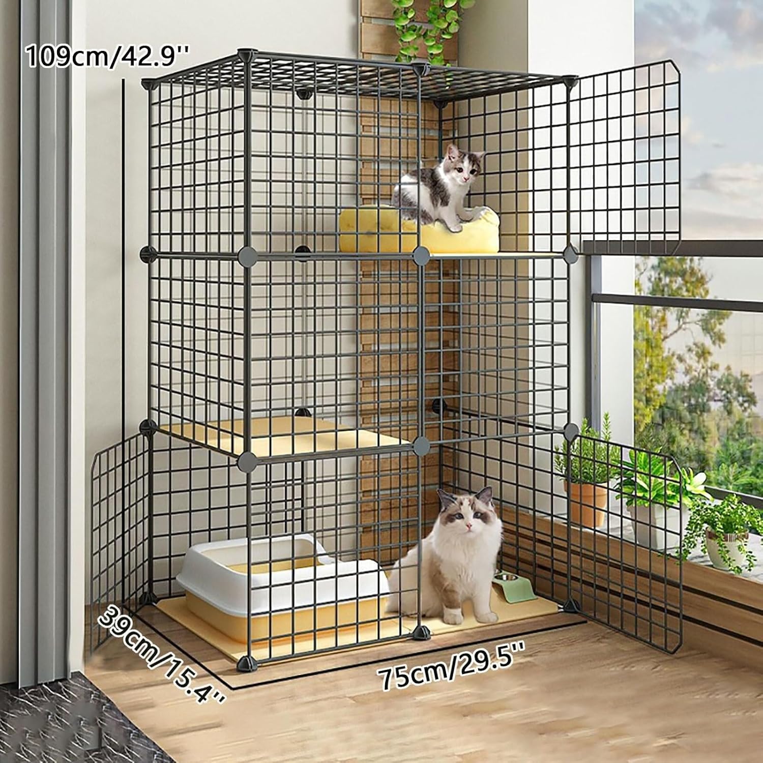Detachable Indoor Outdoor Cat Cage Playpen, Large Metal Enclosure with Black Rust-Resistant Finish, 75x39x73cm(75x39x109cm)