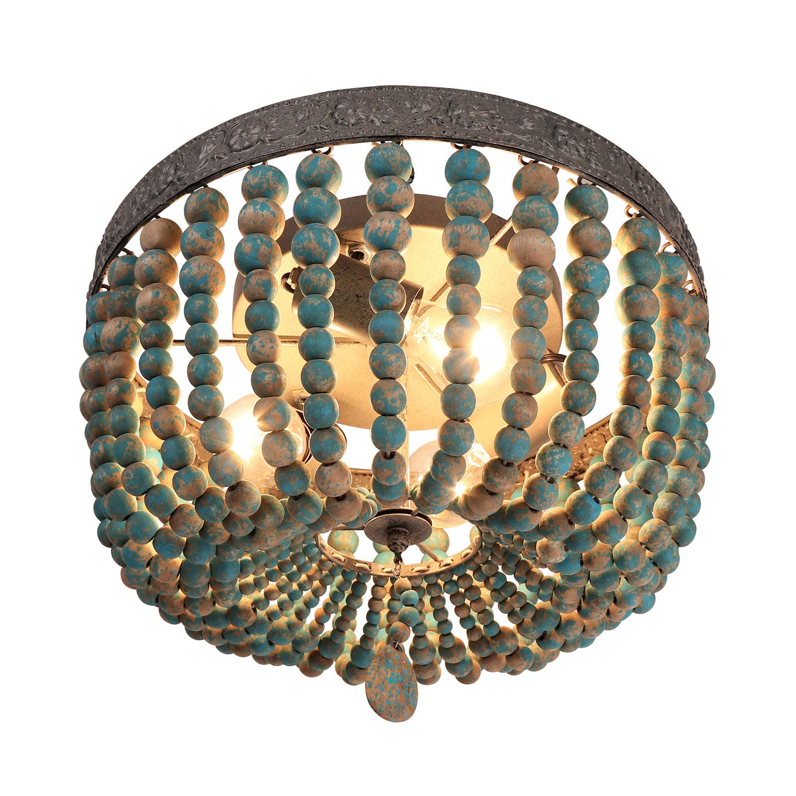 FIRVRE 3-Ligero Gris Azul Lámpara de Techo de Cuentas de Madera Natural Retro E27 Bohemian Esférico interior candelabro casa de campo Plafón para Comedor Dormitorio Sala de estar Restaurante