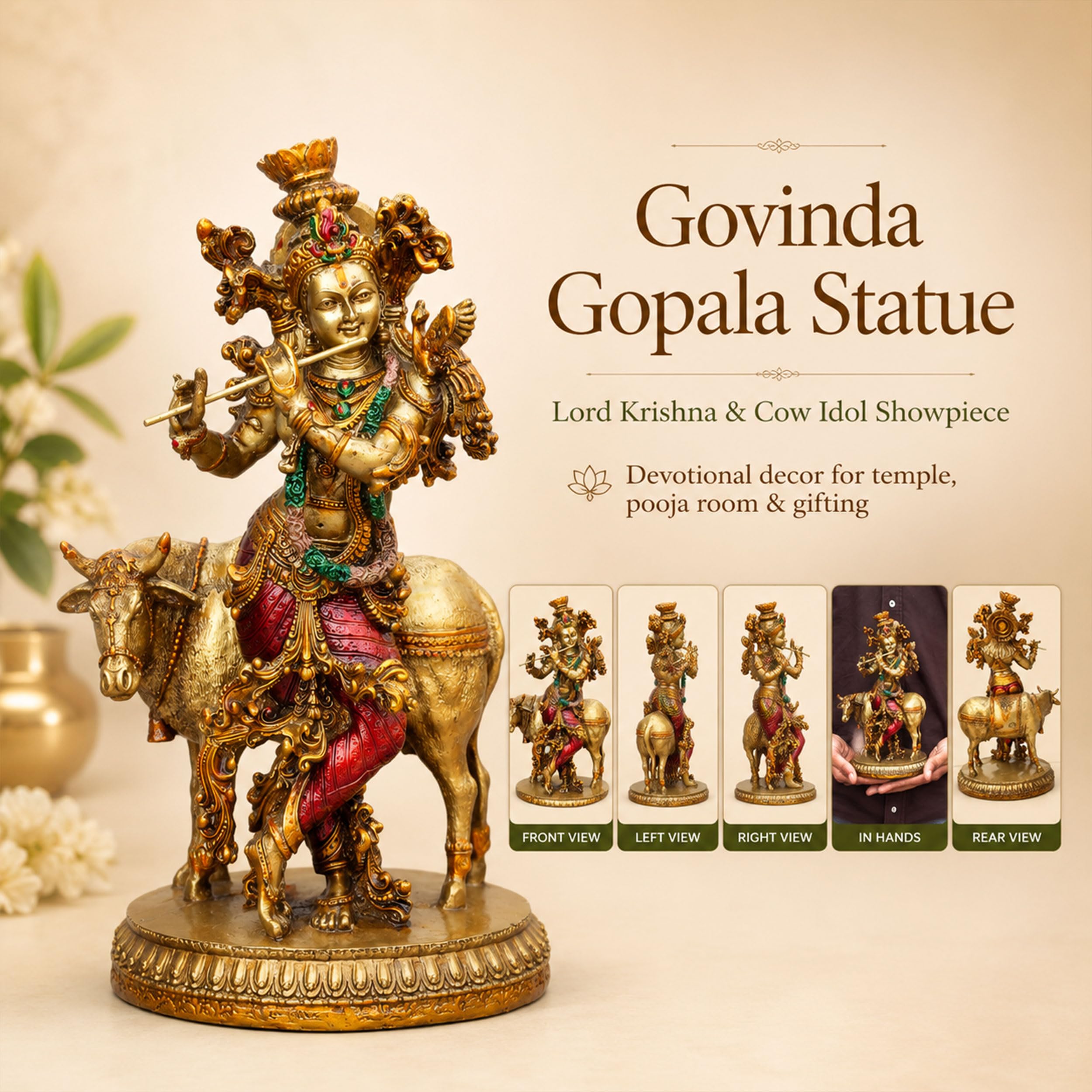 Govinda Gopala Statue, Lord Krishna and Cow Idol Showpiece, 10 Inch Double Coated Resin Antique Decorative Murti for Home Temple, Pooja Room & Gift — photo — 8 of 8