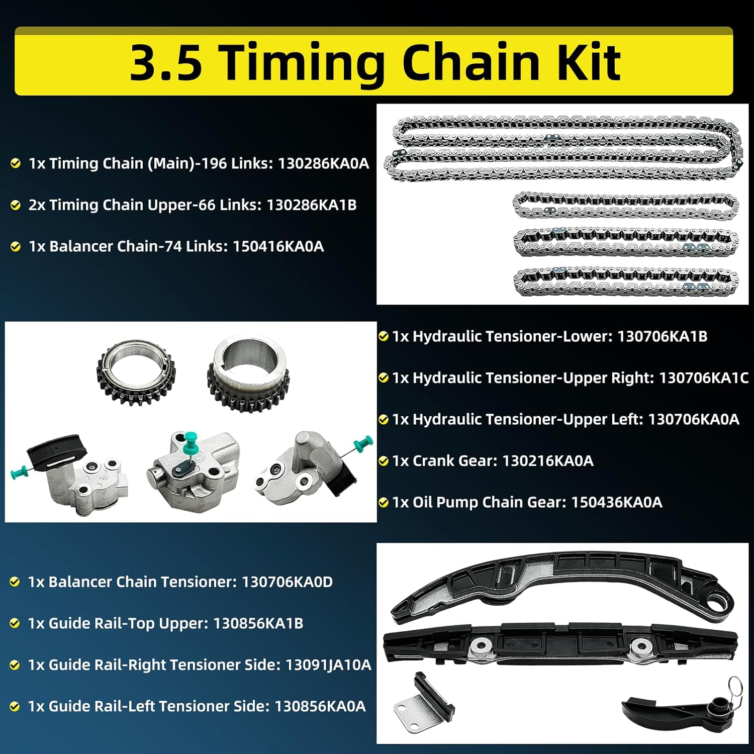 130286KA0A Timing Chain Kit Set 3.5 for Nissan Pathfinder Infiniti QX60 QX 60 2017-2024 3.5L V6 VQ35DD Engine Timing Kit Set Time Chain 130706KA0D 130286KA1B 150416KA0A