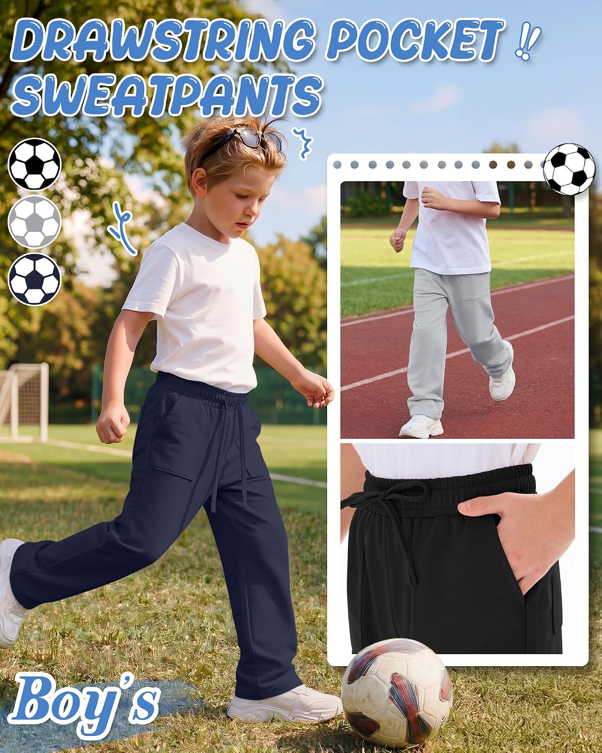 3 Pack Boys Sweatpants 5-14Y Kids Straight Leg Open Bottom Youths Pants Lightweight Athletic Joggers with Pockets