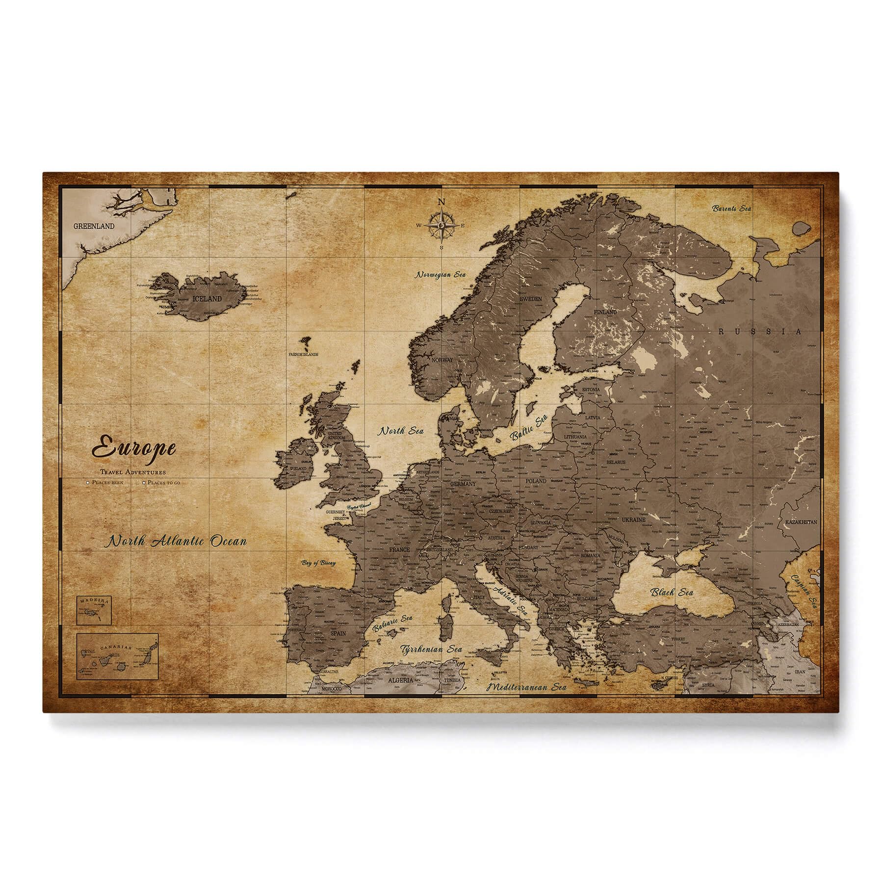 Canvas Europe Map with Cork Pin Board - Decorative Wall Decoration for All Rooms - Canvas Pictures with Europe Map Motif (70x50 cm, Pattern 1)