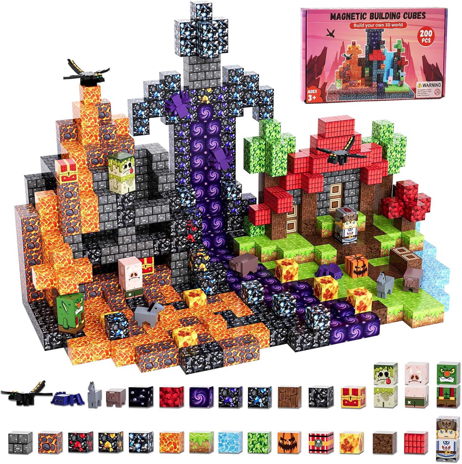 200 Pack Magnetic Blocks for Kids, STEM Construction Toys with Forest Theme | Creative Educational Games for Ages 3, 4, 5, 6, 7, 8, 9, 10 | Ideal Birthday for Boys & Girls Fire 200.0