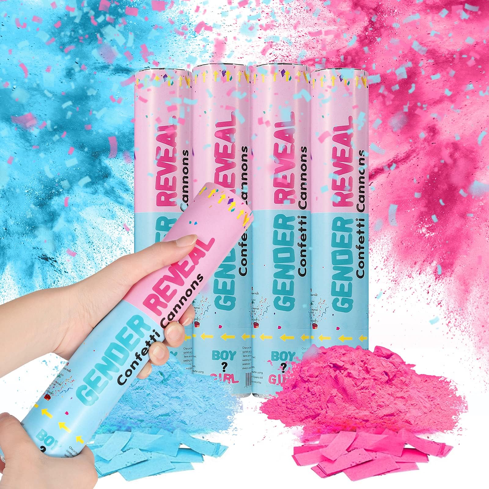 Rectangular Tissue Baby Gender Reveal Confetti Cannons, 4 Pcs Paper Table Wedding Confetti Popper Set for Boy or Girl Gender Reveal Decorations Party Supplies (2 Pink & 2 Blue)