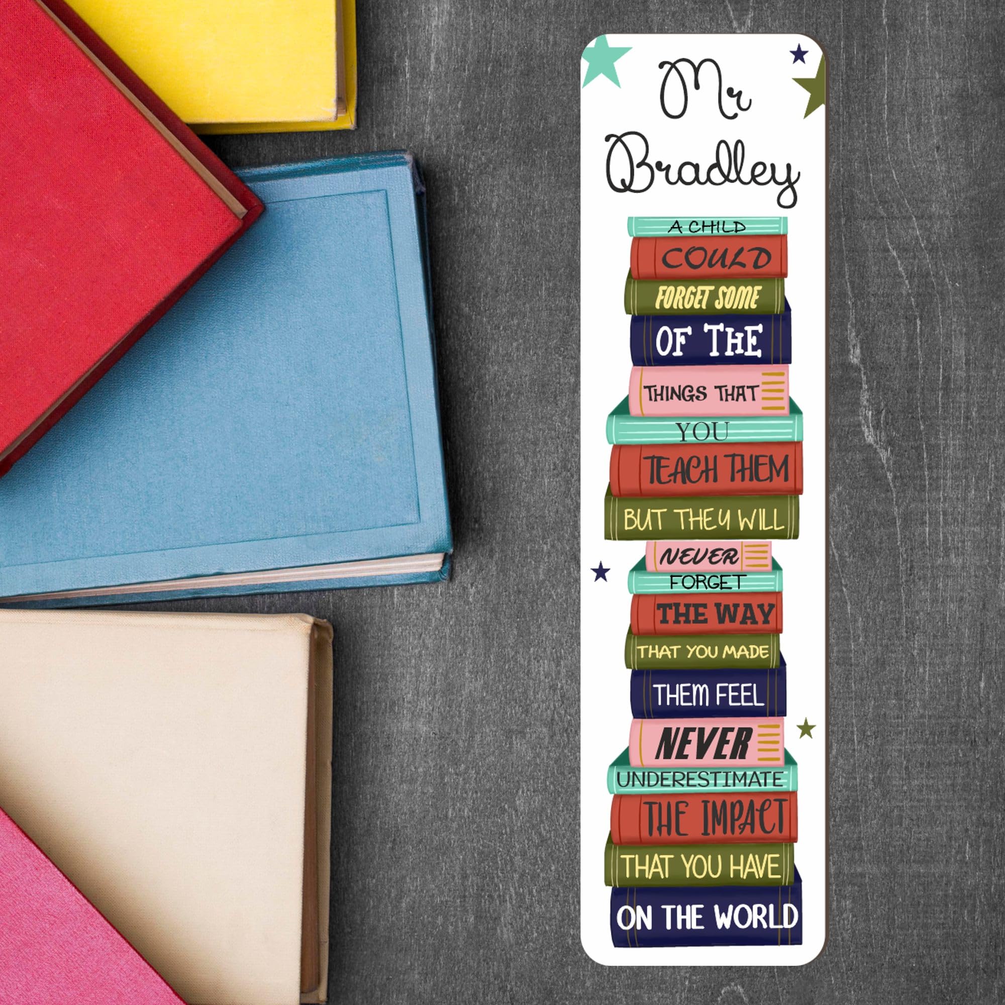 Personalised Teacher Thank You Bookmark for Families - Rainbow, Books, Lined Paper & Wood Effect Designs with Custom Teacher & Child Names (Books)