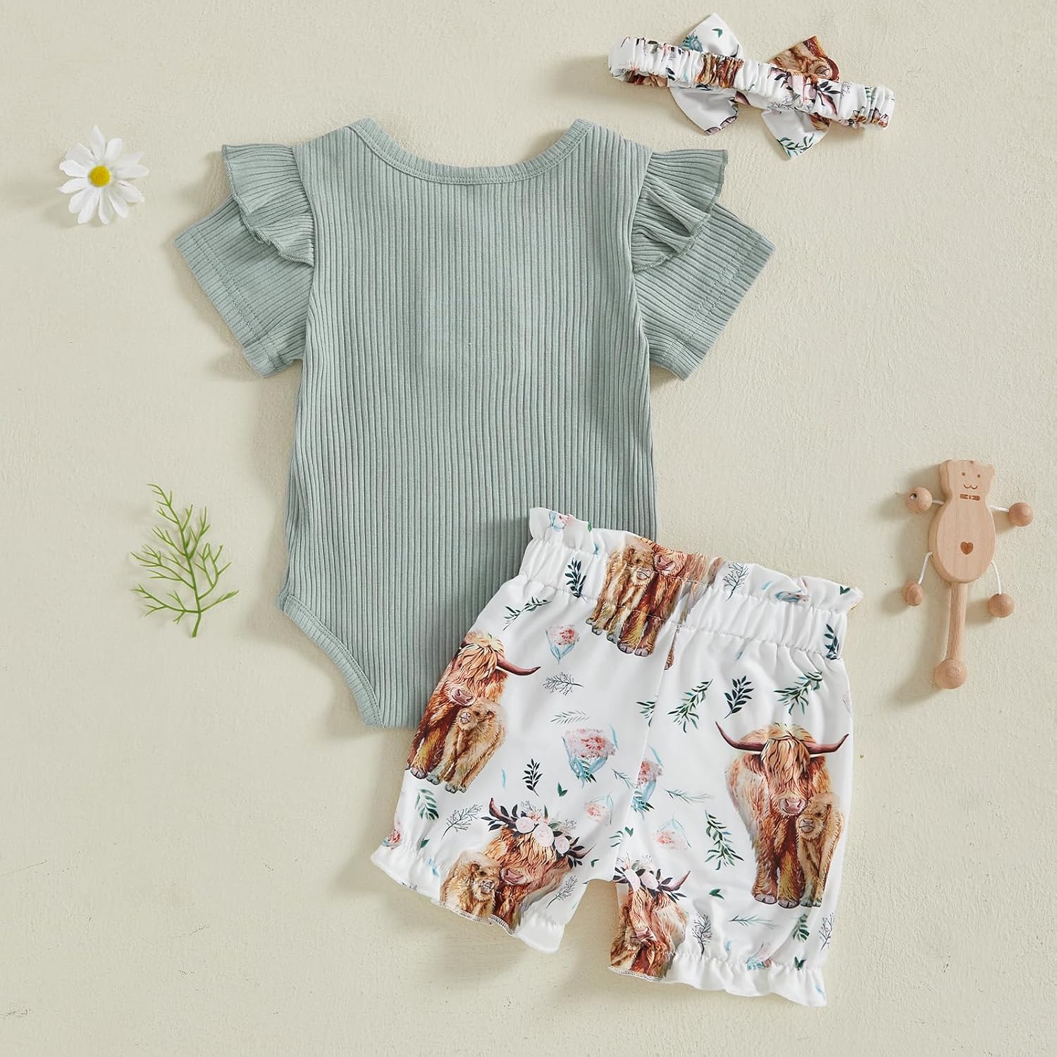 FOMOYUU Infant Baby Girl Summer Clothes Newborn Outfit Ruffle Sleeve Romper and Floral Print Short Pants Clothing Sets