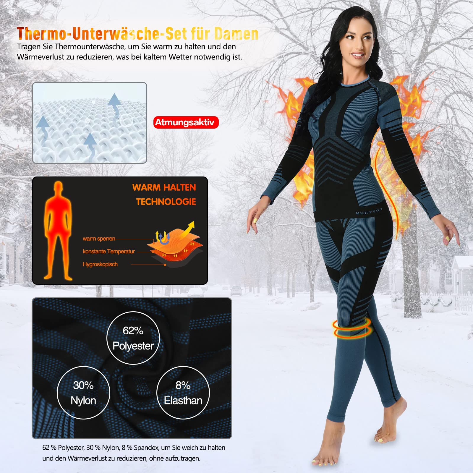 MEETYOO sous-vêtements Thermiques Femme, Ski sous Vetement Chauffant Sport Base Layer Manches Longues pour L'entraînement Running Randonnée Cyclisme