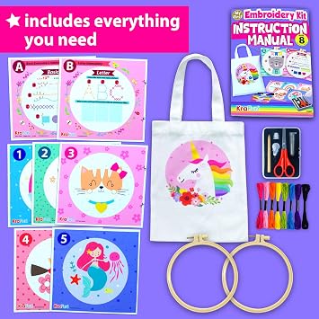 KRAFUN My First Embroidery Kit for Kids & Teens Age 8+ | 8 Projects | Beginner hand stitch set with hoop, tool box & DIY tote bag. Pre-printed cloths. Arts & crafts gift for girls