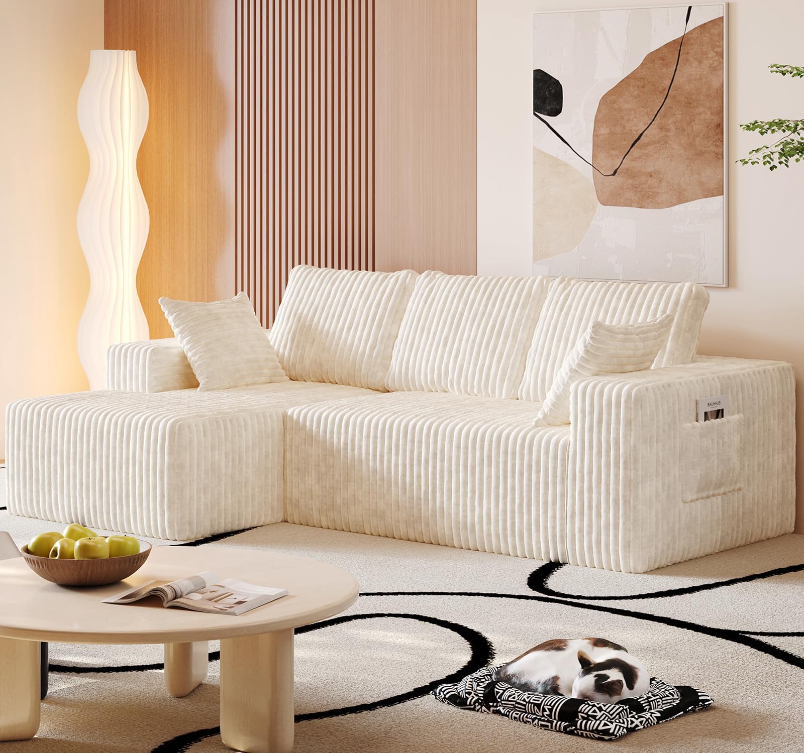 96" L Shape Sectional Boneless Couch,35D Sponge Comfy 3 Seat Sofa,Cloud Thickened Flannel,Modular Couches for Living Room,No Assembly,Deep Seat,Oversized Chaise (White, 96" Left Chaise)