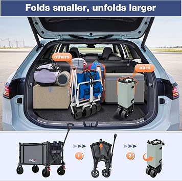 Collapsible Wagon Cart Foldable with Big Wheels Brakes, 250lbs Folding Utility Lightweight Garden Wagon, Portable Grocery Cart for Camping Shopping Sports Pets, Grey