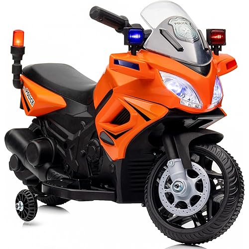 Kids Motorcycle, 6V Electric Motorcycle for Kids with Detachable Training Wheels, Realistic Music, Headlights, Police Light, Motorbike for Kids, Orange