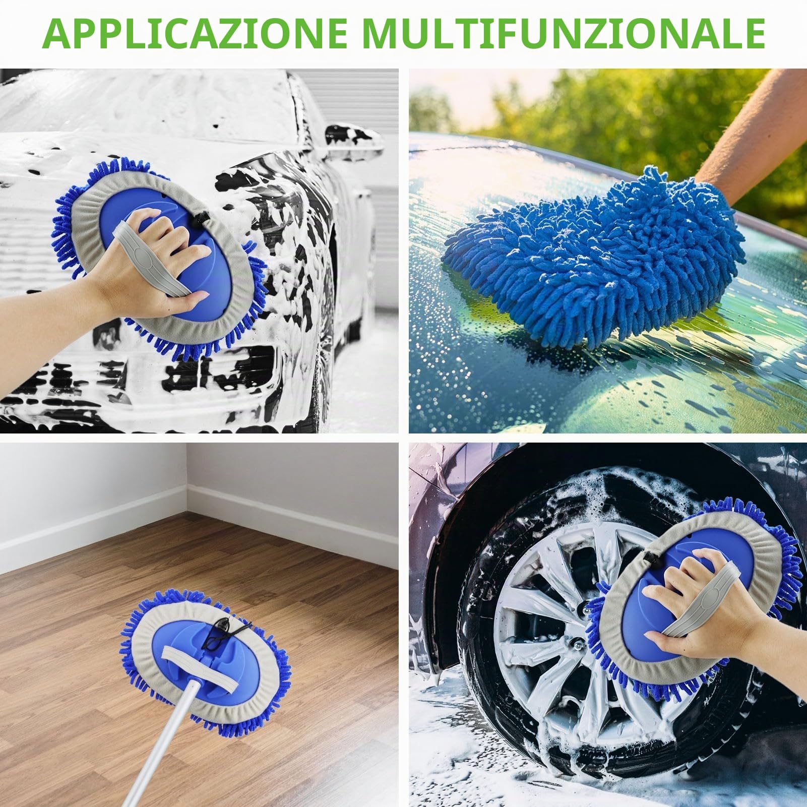 160 cm Spazzola di Pulizia per Lavaggio Auto con Manico Lungo,2 in 1 Spazzola Lavaggio Auto in Microfibra,per Campeggio, Auto, Sostituzione mop(3 Teste Ricambio)