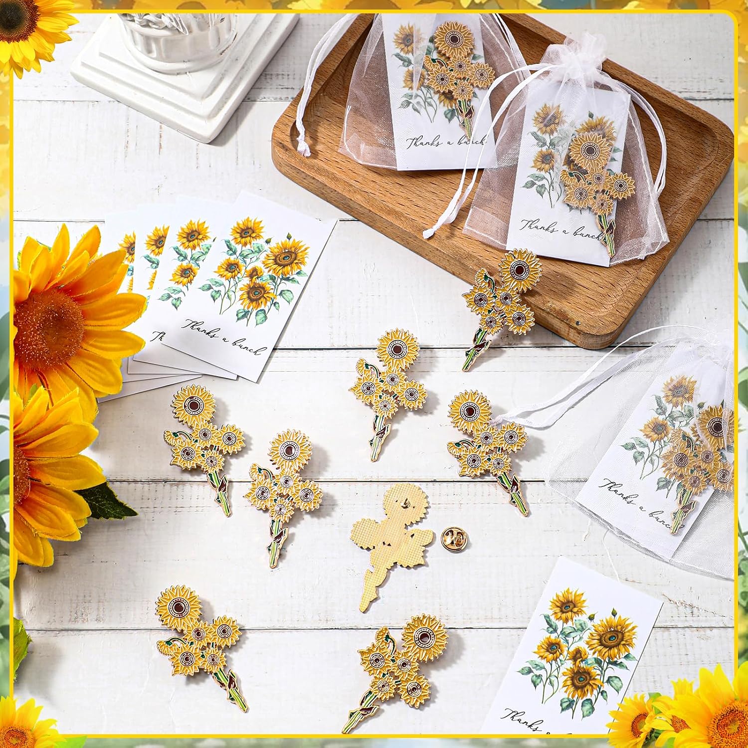 Huquary Sunflower Brooch Pins with Thank You Cards and Organza Bags, Sunflower Lapel Pins Bulk, Inspirational Appreciation Gifts for Back to School Thanksgiving Employee Coworker