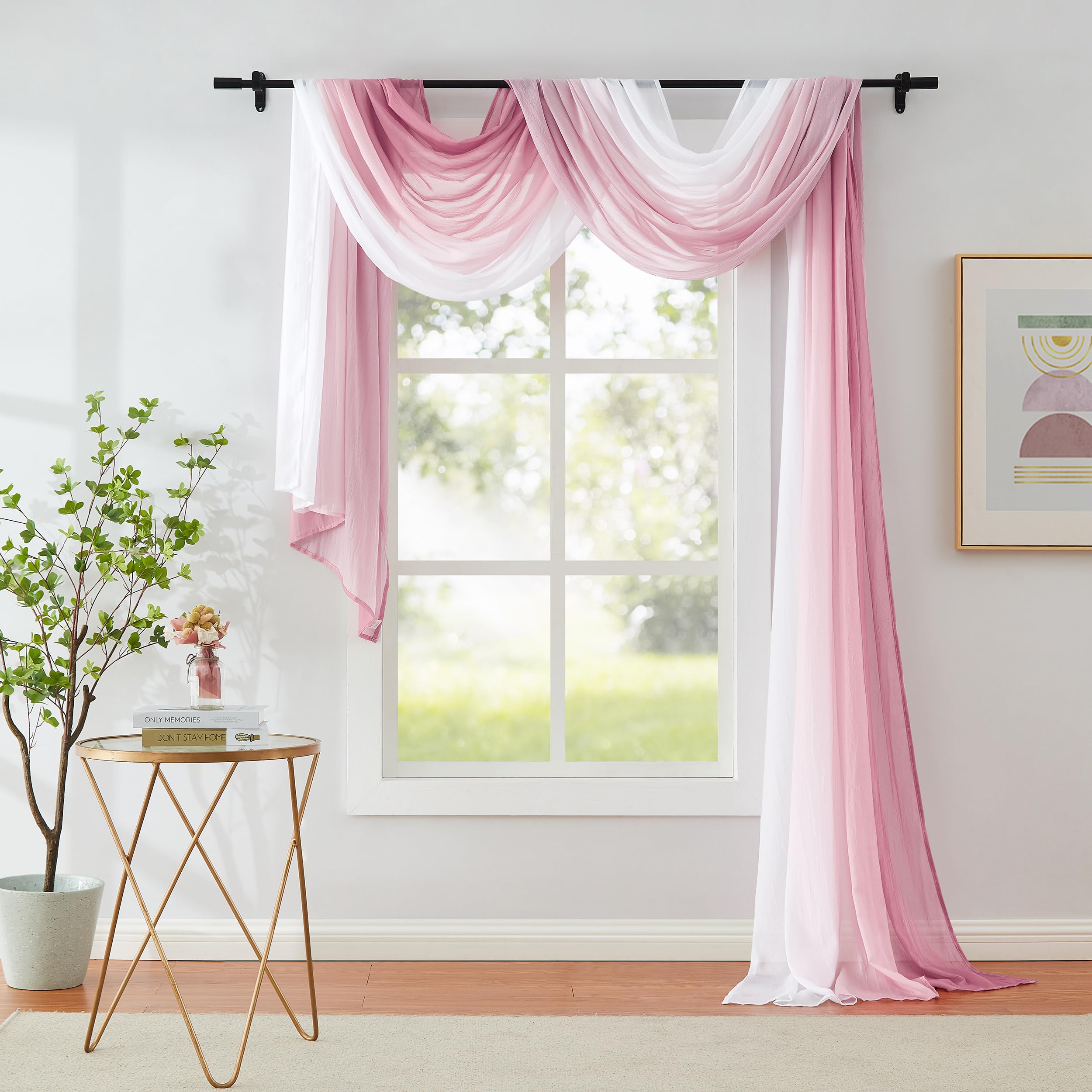 1 Piece Ombre Chiffon Sheer Window Scarf Valance Curtain 18ft for Living Room Girls Bedroom Decor, 216 Inch Long Crinkle Soft Window Sheer Voile