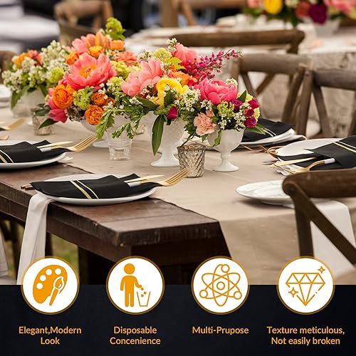 Miniatura 3 de Paquete de 50 servilletas desechables de lino con bolsillo integrado para cubiertos forrados con ribete dorado, servilletas de papel como