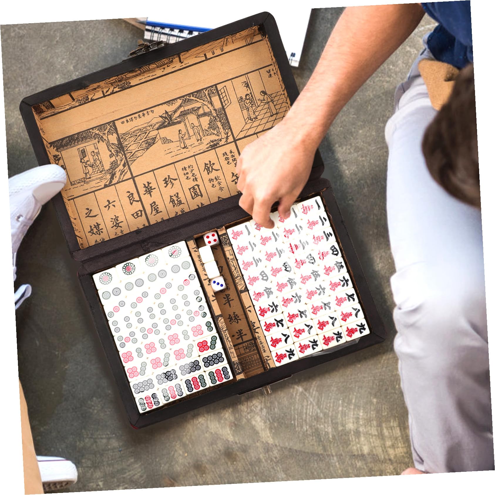 Mahjong Spielset 1 Satz aus Acryl und Holz, Kleine Reisespiel Requisite | Leichtes Format, Kompakt für Zuhause und Partys, mit Englischer Anleitung