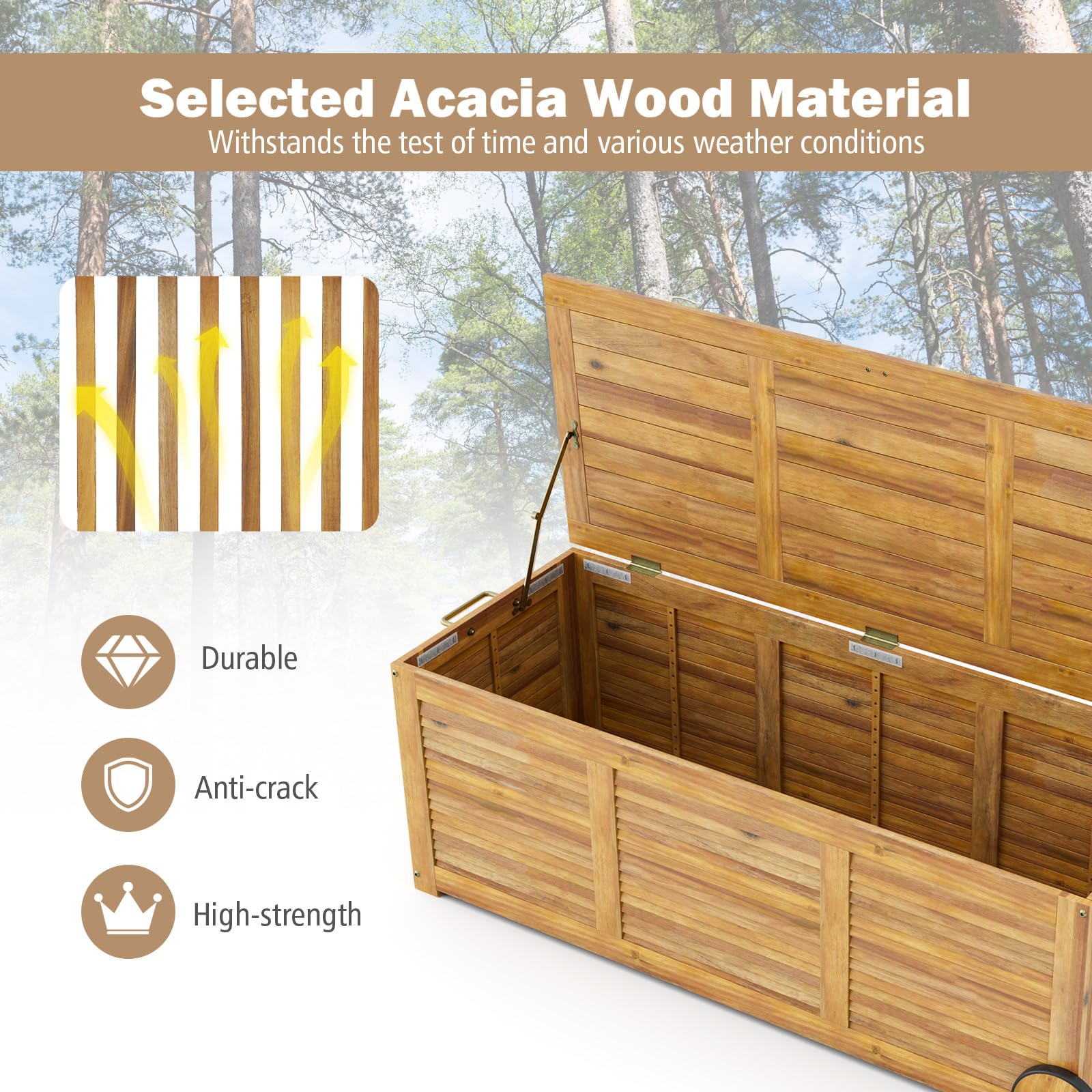 HOMASIS Auflagenbox 182L mit Rollen, Gartenbox aus Akazienholz, Kissenbox mit wasserdichte Innentasche, Gartenbox Gartentruhe mit Griff, Auflagentruhe 150 kg belastbar, Aufbewahrungstruhe Kissentruhe