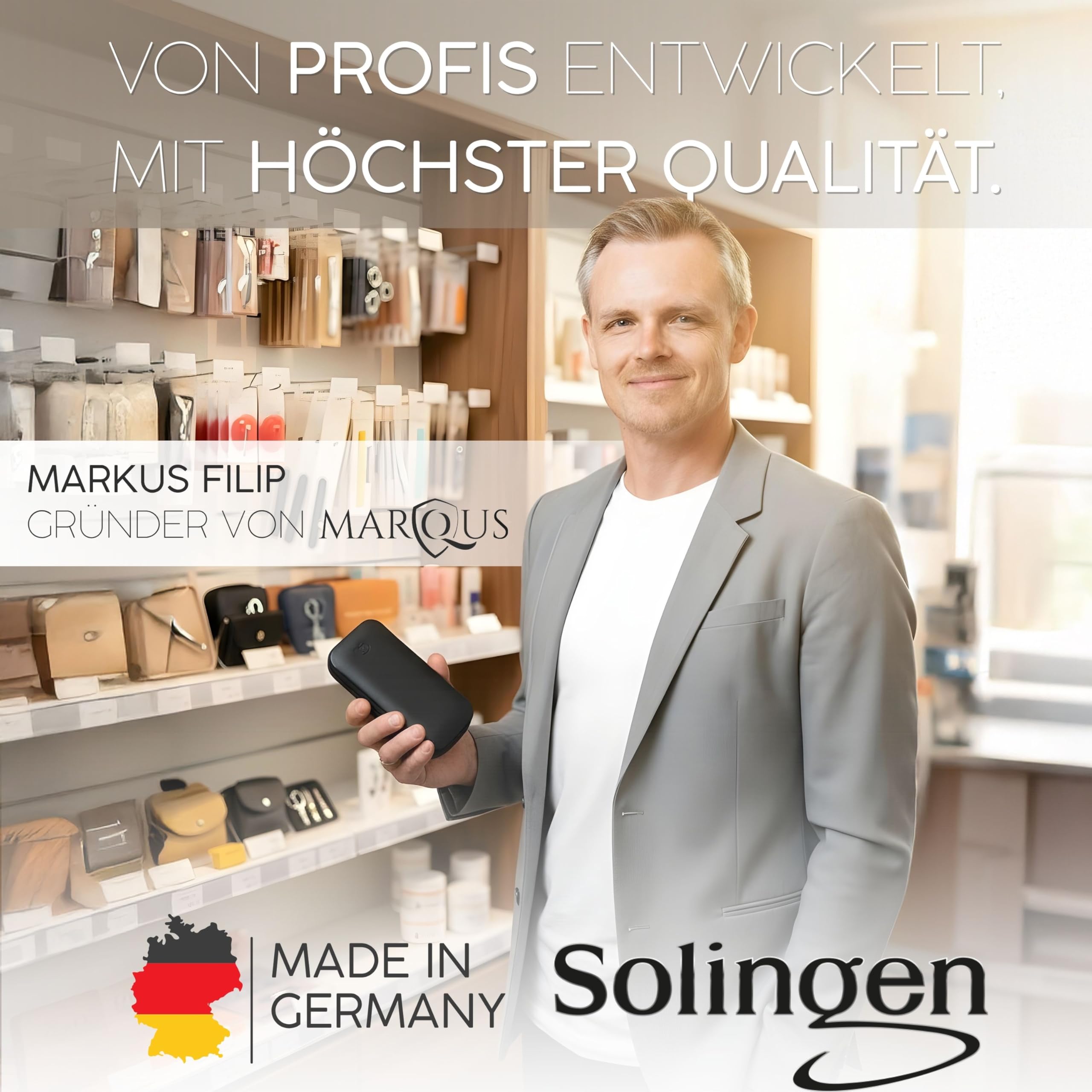 Maniküre Set Solingen mit Top Preis/Leistung - Kunst-Leder Etui handlich und weich - 6teiliges Nagelset für Damen und Herren marQus aus glanzvernickeltem poliertem Stahl
