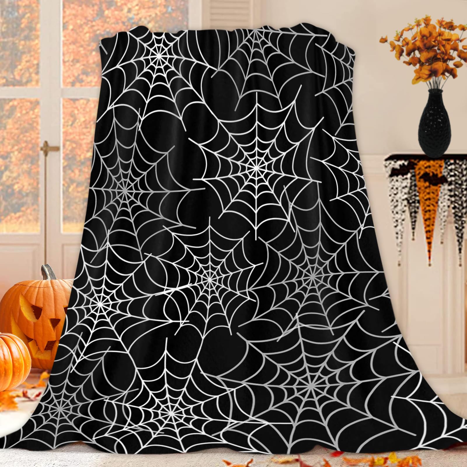 Qucarder White Black Halloween Spider Web Goth Throw Blanket Black And White Spiderweb Throw Blankets Lightweight Cozy Flannel Blanket For Bedroom Living Room Couch Sofa Home Decor 50X60 Inch