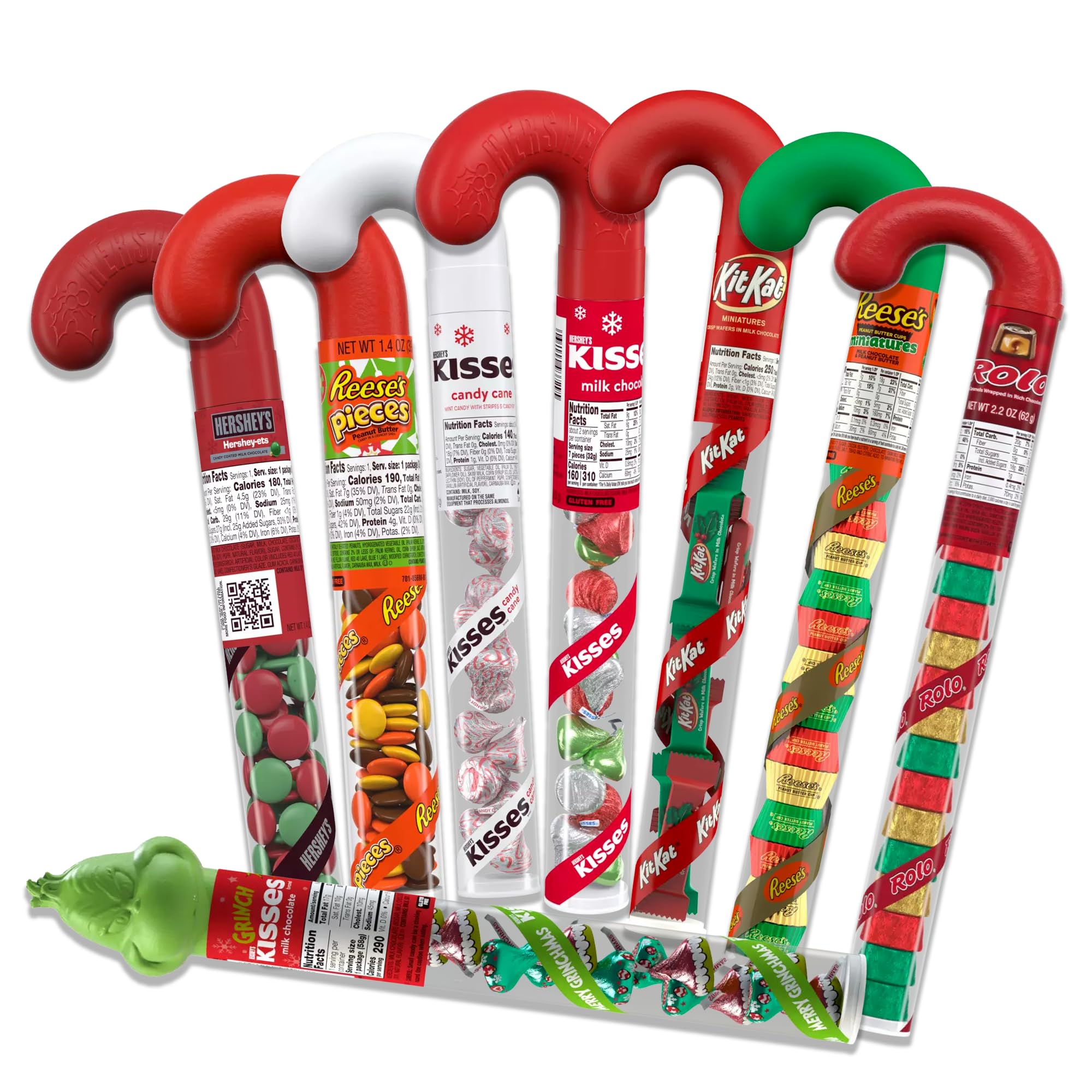 Hershey's Stocking Stuffer Candy Cane Tube Variety Pack- Hershey Kisses Christmas Candy Cane, Grinch Hershey Kisses, Candy Cane Kisses, Kit Kat, and Reese's Christmas Candy Stocking Stuffer (8)