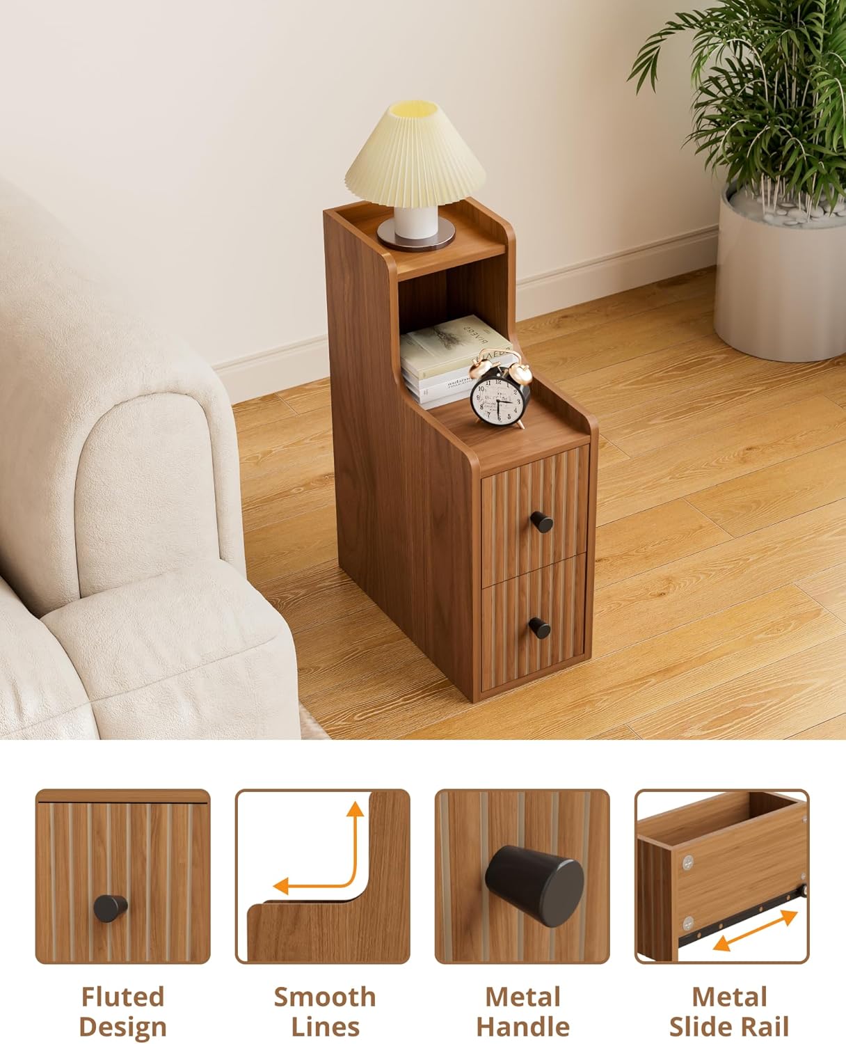 Narrow Side Table with 2 Drawers, Small Bedside Tables, Mid Century Modern Slim Night Stand with Storage, Wooden End Table for Small Spaces, Bedroom, Living Room（No Charging Station）