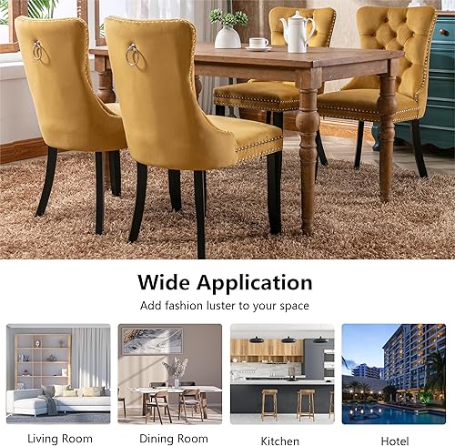 Miniatura 7 de Juego de 4 sillas de comedor de terciopelo, sillas de comedor tapizadas con ribete de cabeza de clavo, patas de madera, anillo de tracción, sillas