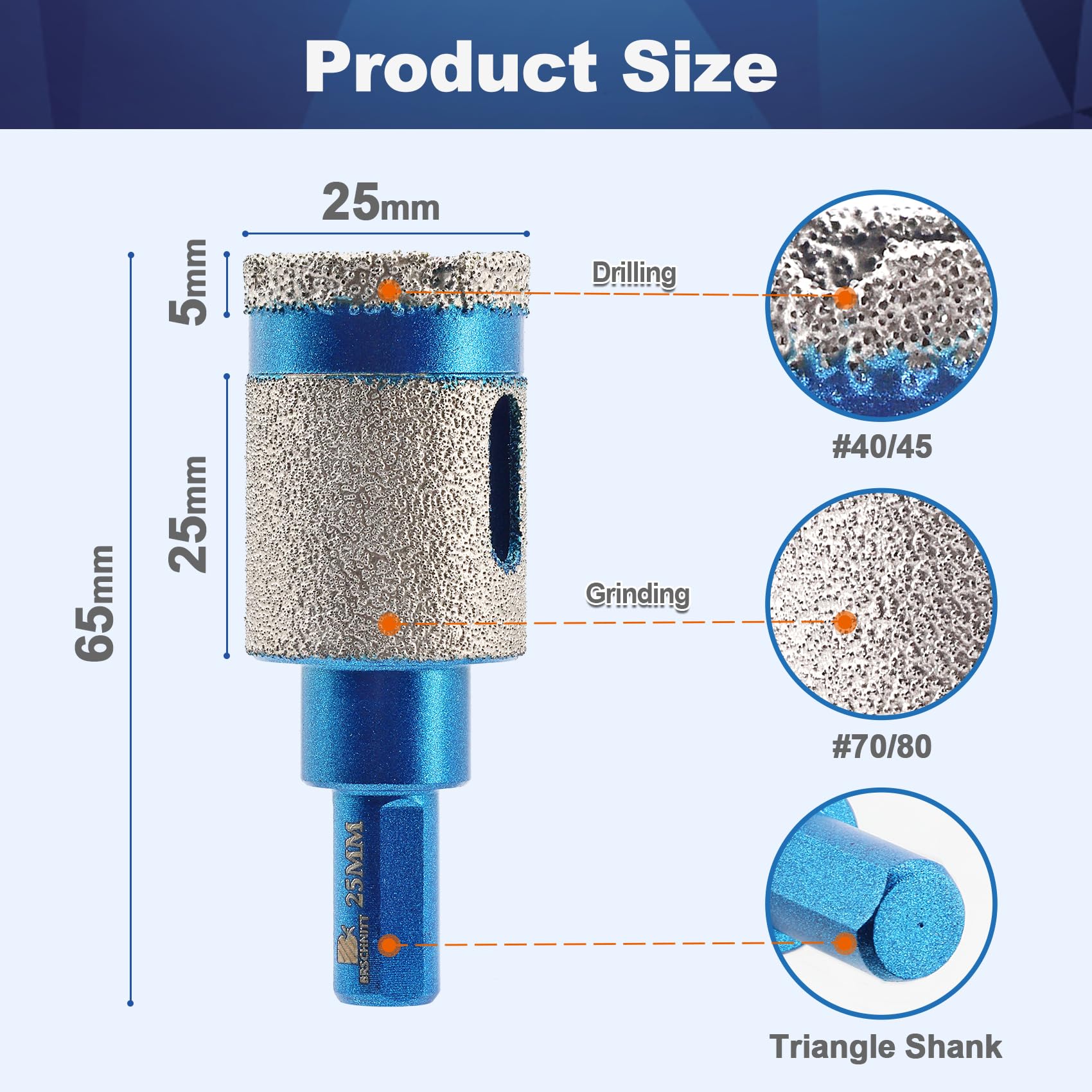 Dry Diamond Core Drill Bit,BRSCHNITT 1 inch Diamond finger milling bit Triangle Shank for Porcelain Tile Ceramic Stone Granite Marble - Image 2