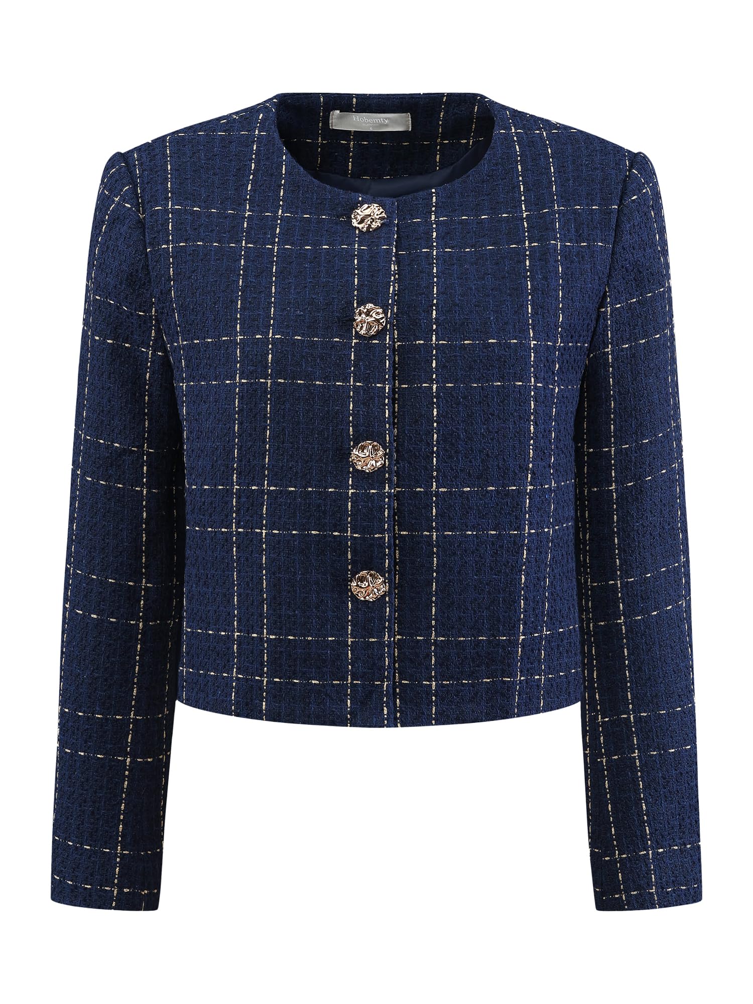 Womens Collarless Blazer Plaid Button Front Crop Tweed Jacket