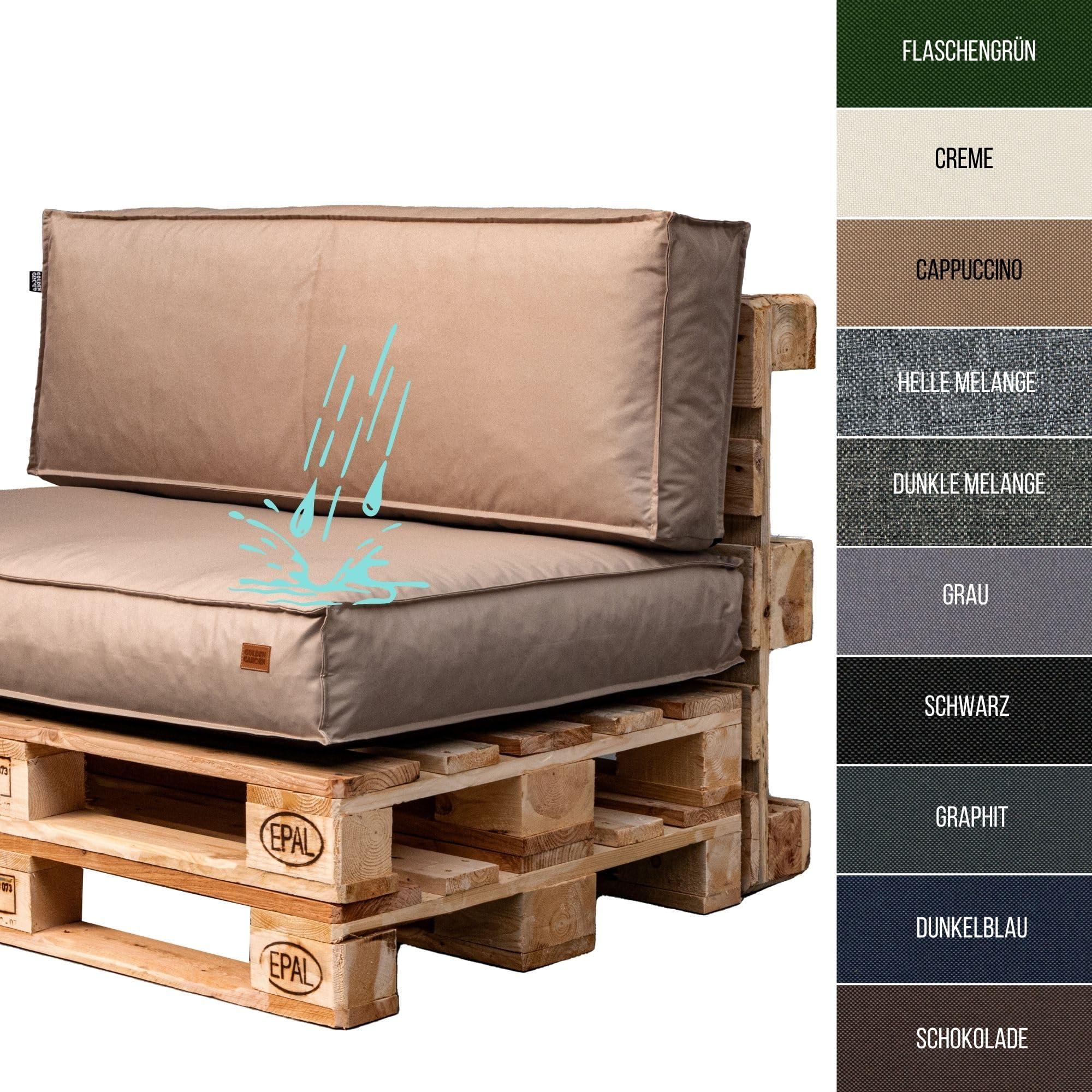 GoldenGroup Gartenset Kissen für Palettenmöbel Cappuccino - Strapazierfähiges Gewebe - Palettenkissen Set Gefüllt mit Schaumgranulat - 120x80x10 Sitzkissen - (2X) 60x40x15 Rückenkissen