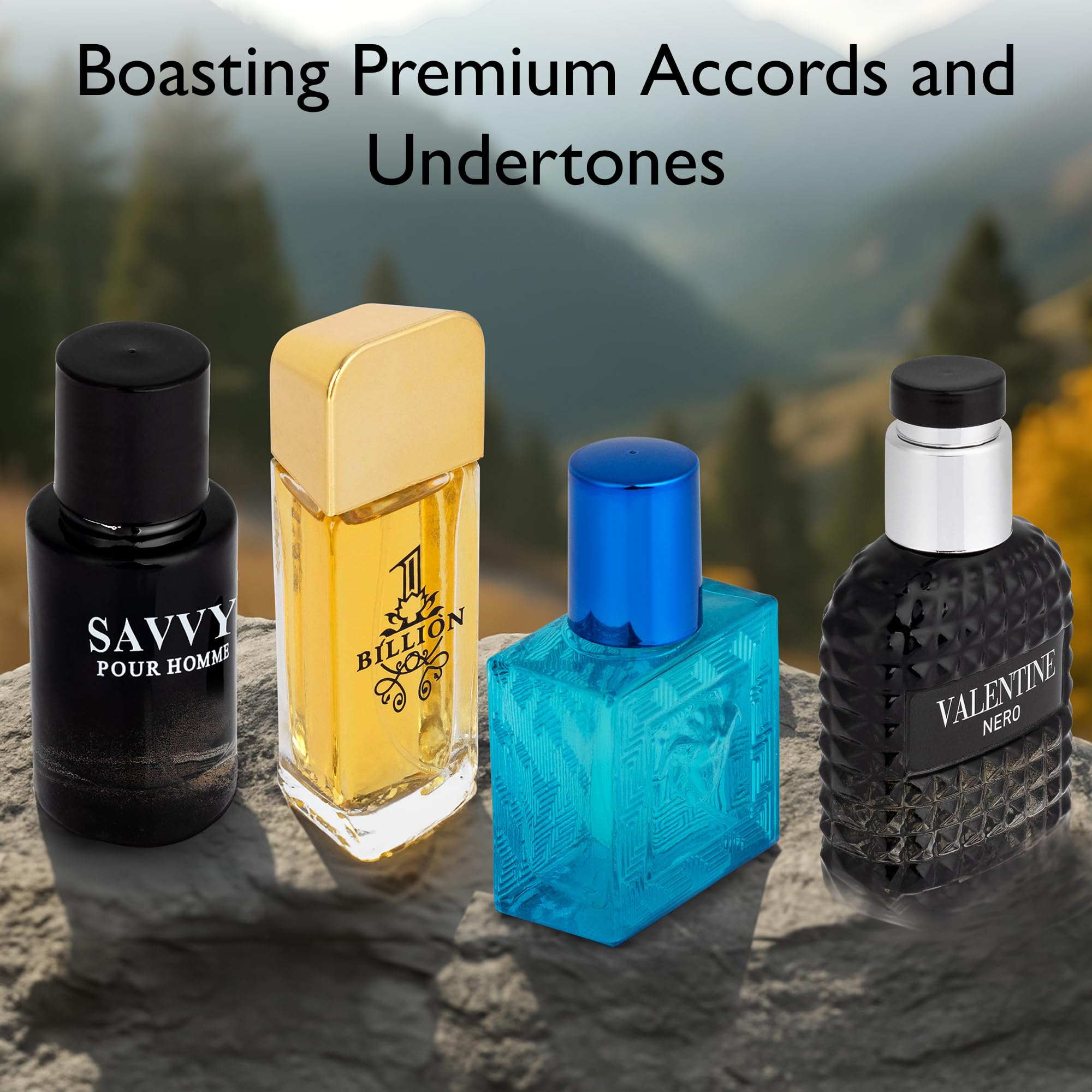 Signature Scent 4-Piece Mini Fragrance Set for Men Includes Salvage/1 Billion/Verse/Valentine Collection of Woody, Spicy, Citrus & Aromatic Fragrance Non-Irritating Ingredient Each One in 30ml Bottle