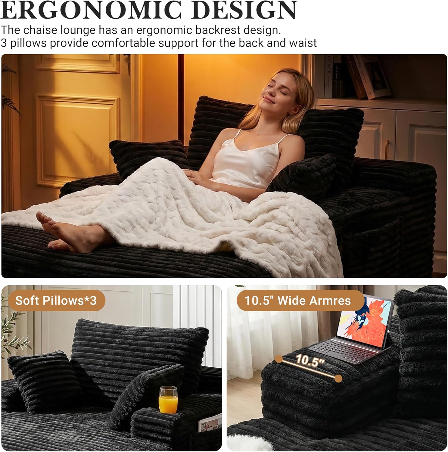 Oversized Chaise Lounge Chair Indoor, Upholstered Boneless Sofa Bed, Corduroy Deep Seat Sleeper Couch Reading Chairs with 1 Cup Holder, 2 Side Pockets & 3 Pillows, No Assembly (Black, 60''× 56'')