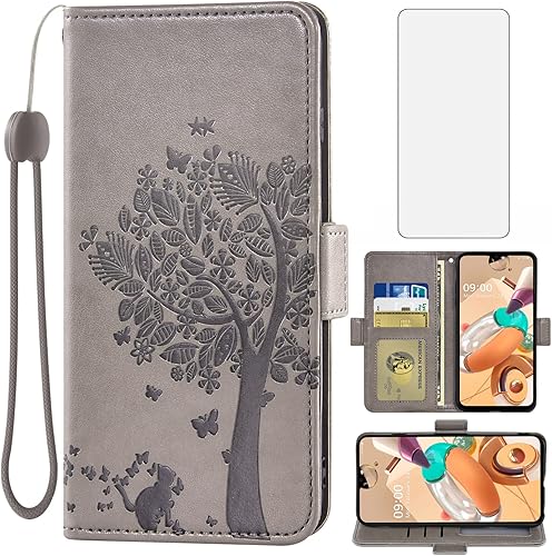 Asuwish Compatible con LG K61Q61K51SK41S - Funda tipo cartera y protector de pantalla de vidrio templado, accesorios para monedero, correa de