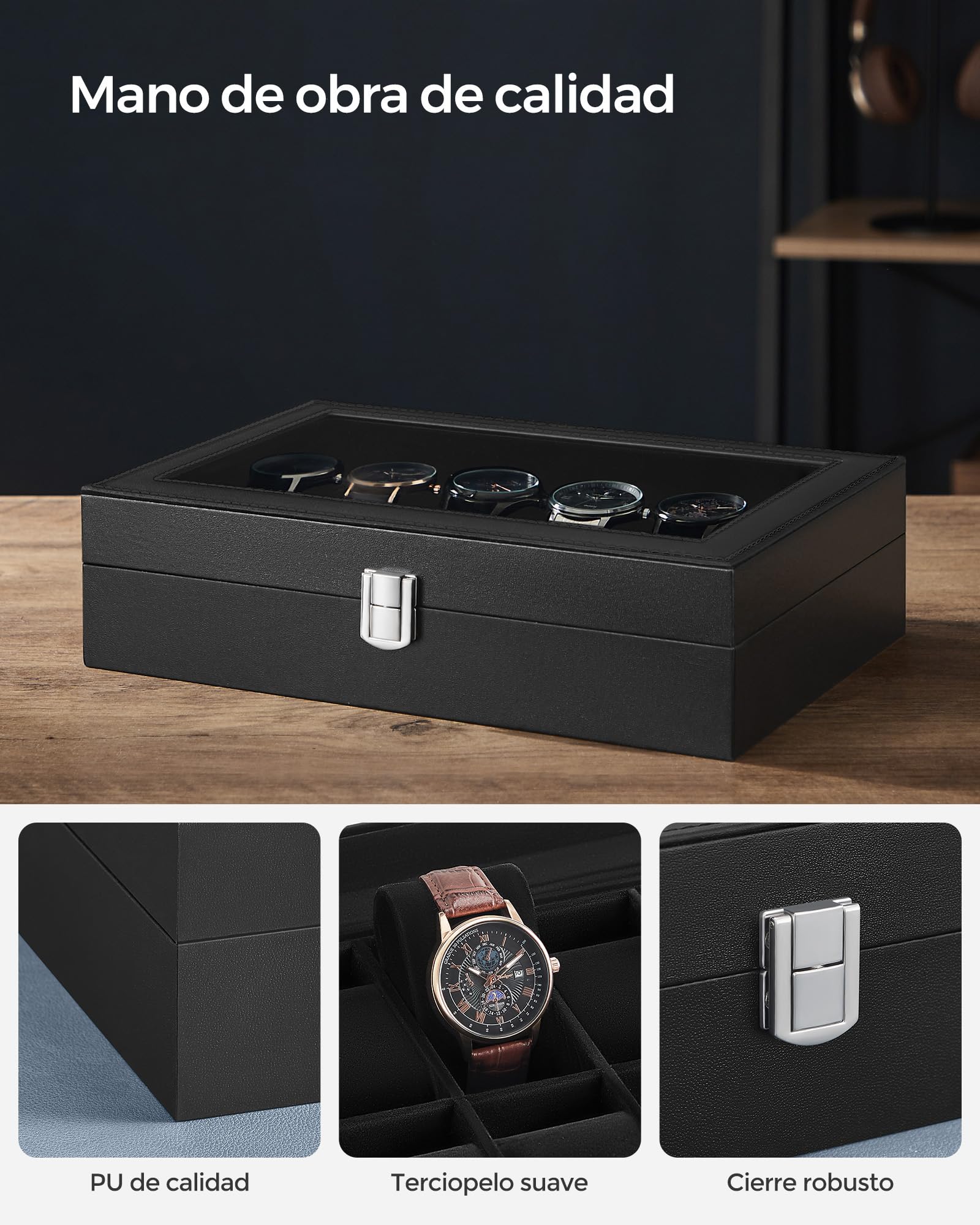 SONGMICS Caja de Relojes 12 Compartimentos Estuche Cristal Cojín Extraíble Cierre Metálico Cuero Sintético Negro JWB12B