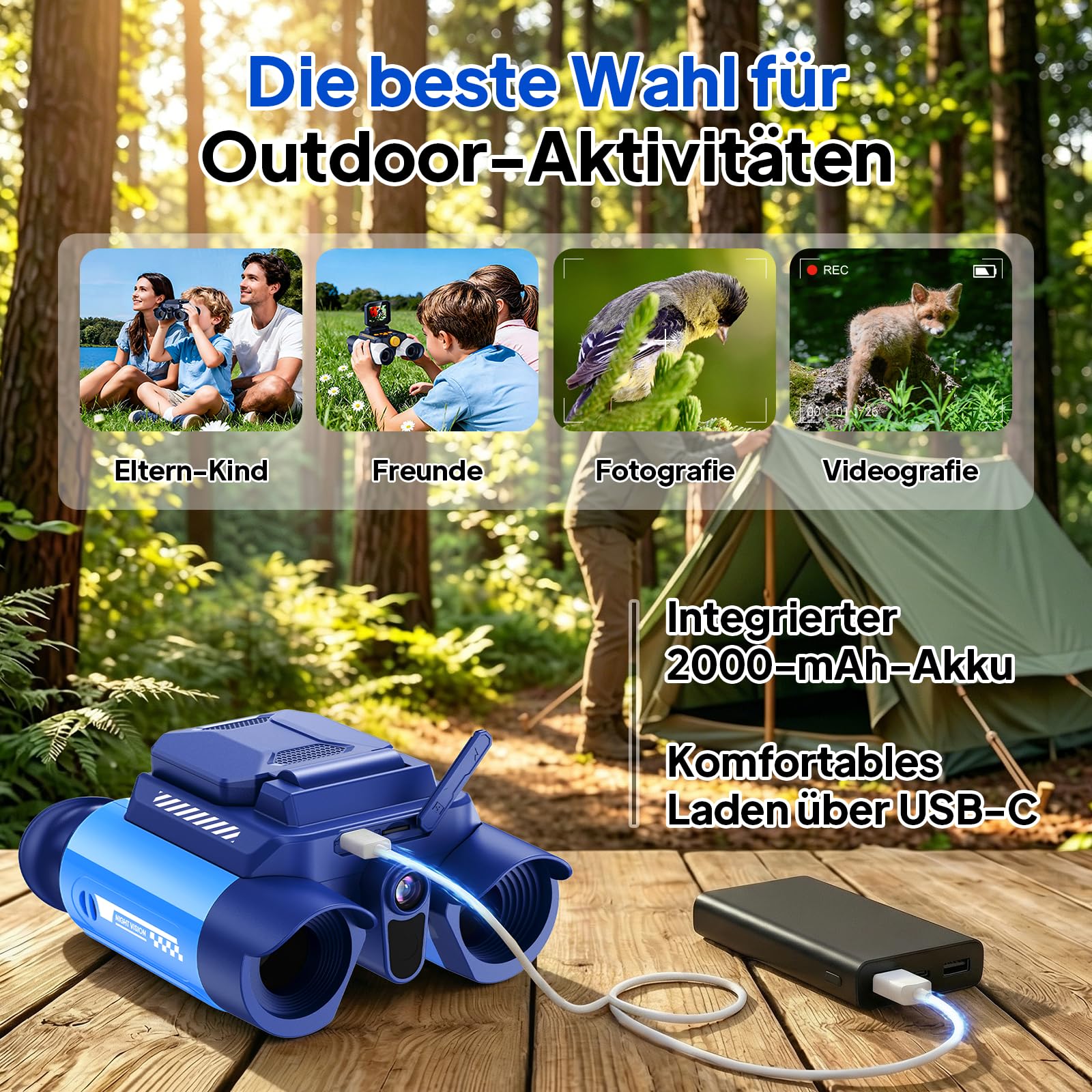 Fernglas für Kinder, Ashfly Kinderfernrohr mit eingebauter Kamera Nachtsicht, 10-facher Vergrößerung, Binoculars 200 Fotos speichern innen von 7 bis 99 Jahren - Deutsche Version Blau