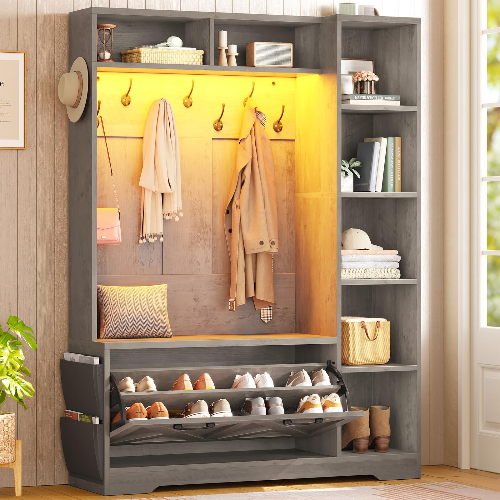 Itaar Hall Tree with Bench and Shoe Storage, Farmhouse Entryway Bench with Coat Rack, Shoe Cabinet with Flip Drawers, 7 Shelves, 10 Coat Hooks, Storage Bag, Led Lights, Grey
