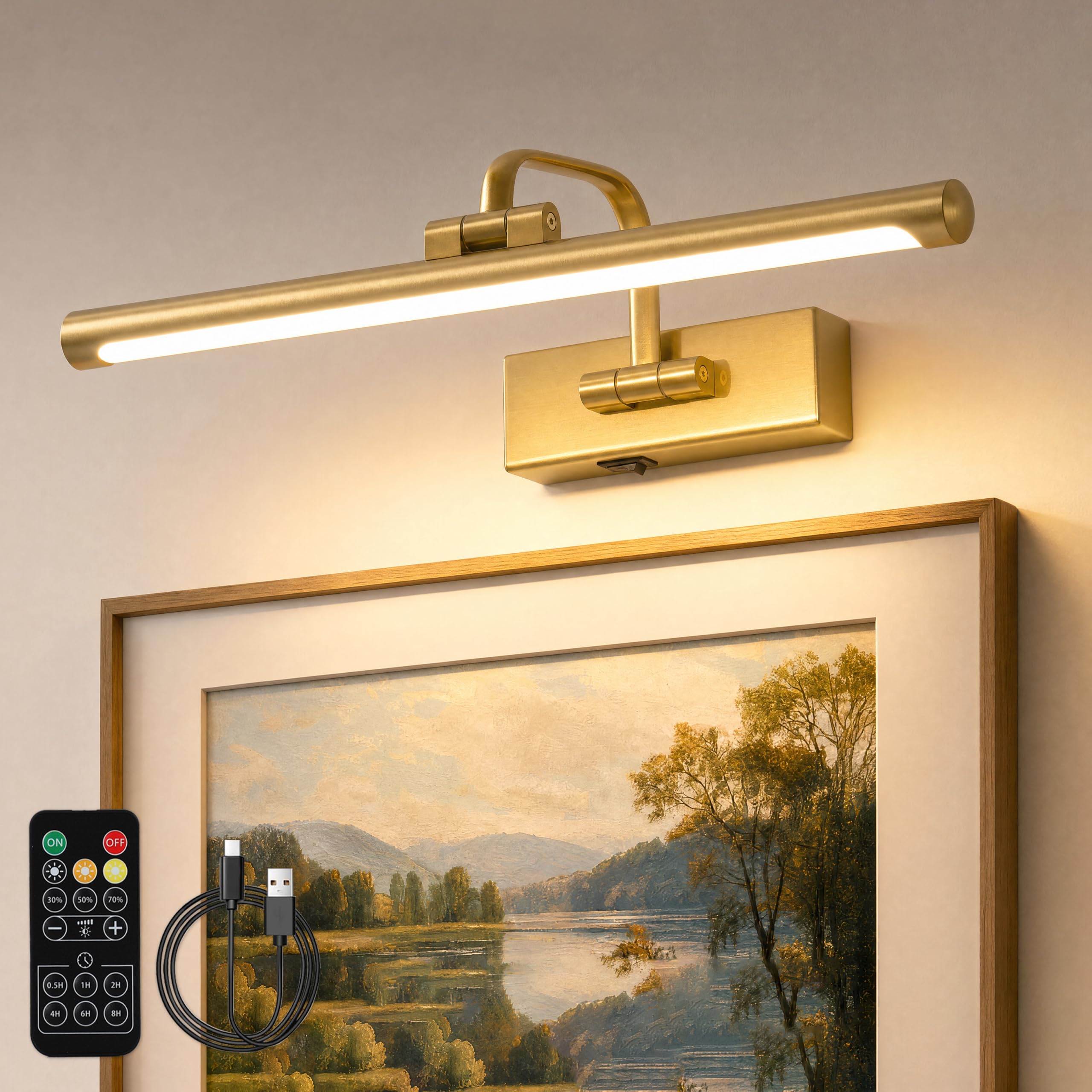 Kabellose Bilderleuchte für Wand, wiederaufladbares Licht für Bilder mit Fernbedienung & Timer, 40,6 cm dimmbares Goldkunstlicht für Gemälde, batteriebetriebene LED-Wandleuchte mit 3CCT für