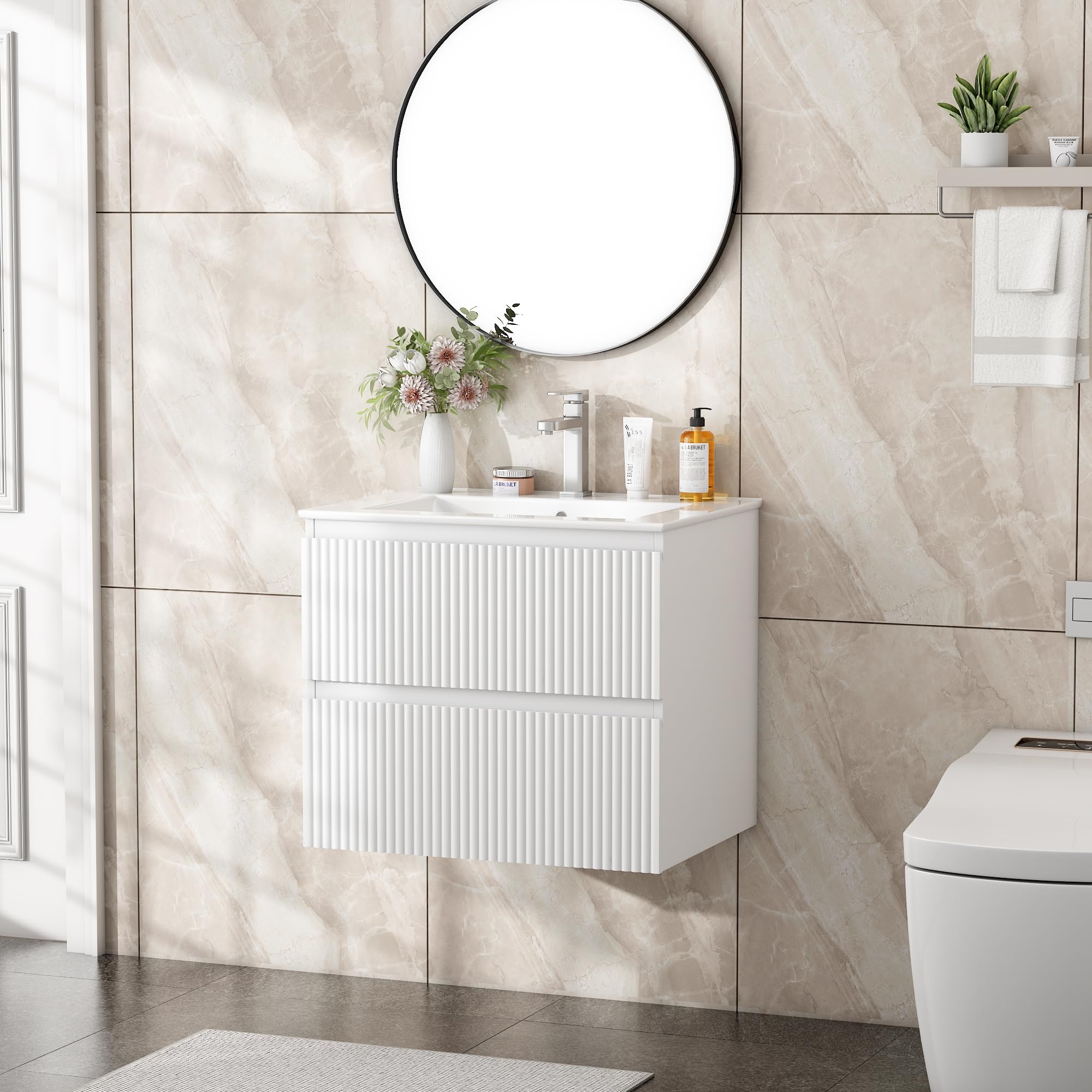 Mueble de Baño Suspendido 60 cm con Lavabo de Cerámica y 2 Cajones Profundos | Panel con Acabado Estriado Vertical, MDF E1 Antihúmedo, Blanco
