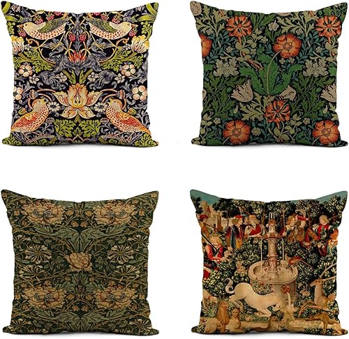 Rurpali Juego de 4 fundas de almohada de lino de 18 x 18 pulgadas, diseño floral de árbol de la vida, decoración del hogar, funda de cojín cuadrada