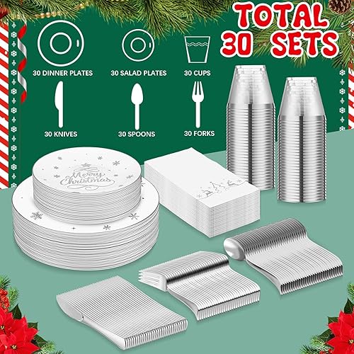 Miniatura 9 de Juego de vajilla de plástico de 210 piezas, suministros de fiesta de Navidad, platos de plástico desechables de Navidad, tazas, servilletas,